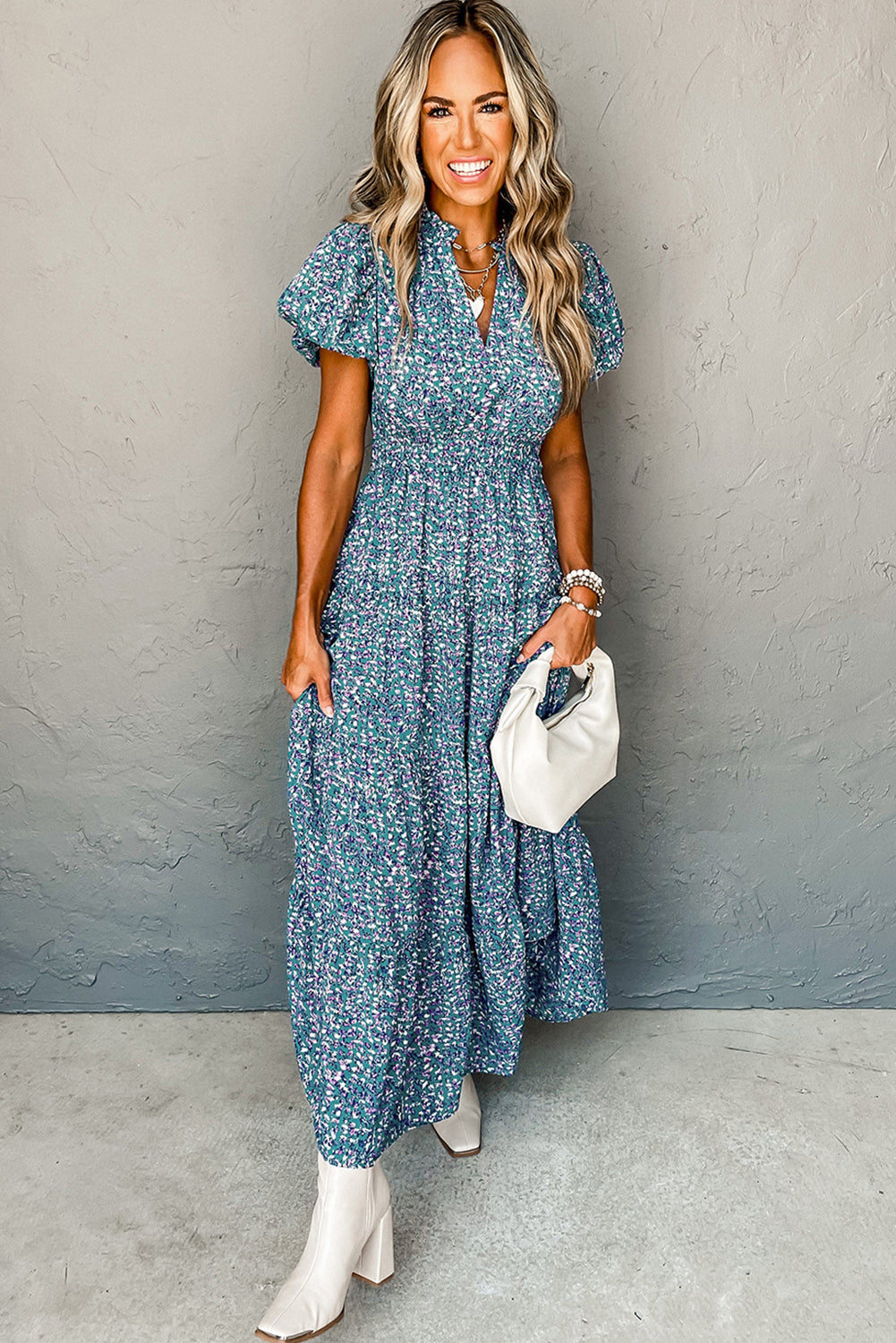 Blue Zone Planet | Blue Printed V Neck Shirred Short Puff Sleeve Maxi Dress-TOPS / DRESSES-[Adult]-[Female]-2022 Online Blue Zone Planet