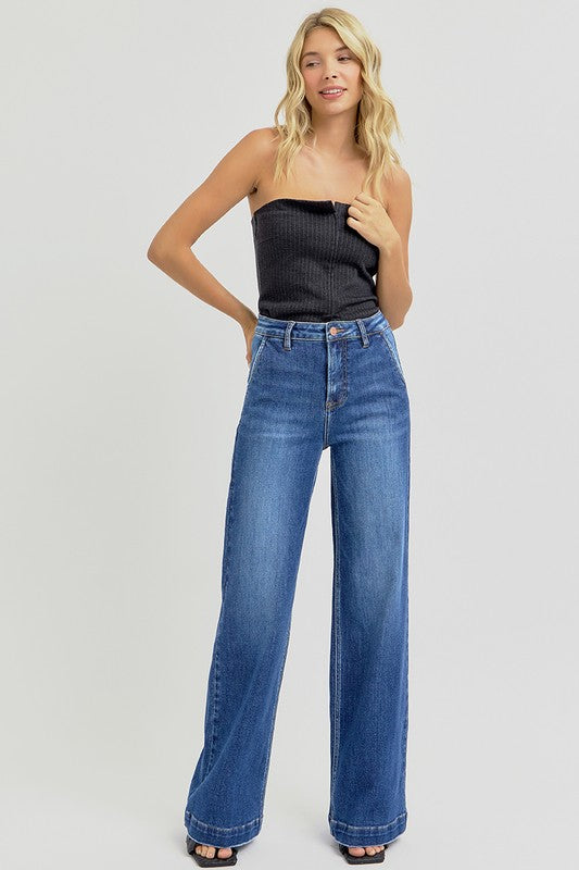 RISEN Full Size High Rise Wide Leg Jeans with Slanted Pockets-BOTTOMS SIZES SMALL MEDIUM LARGE-[Adult]-[Female]-Dark-0(24)-2022 Online Blue Zone Planet