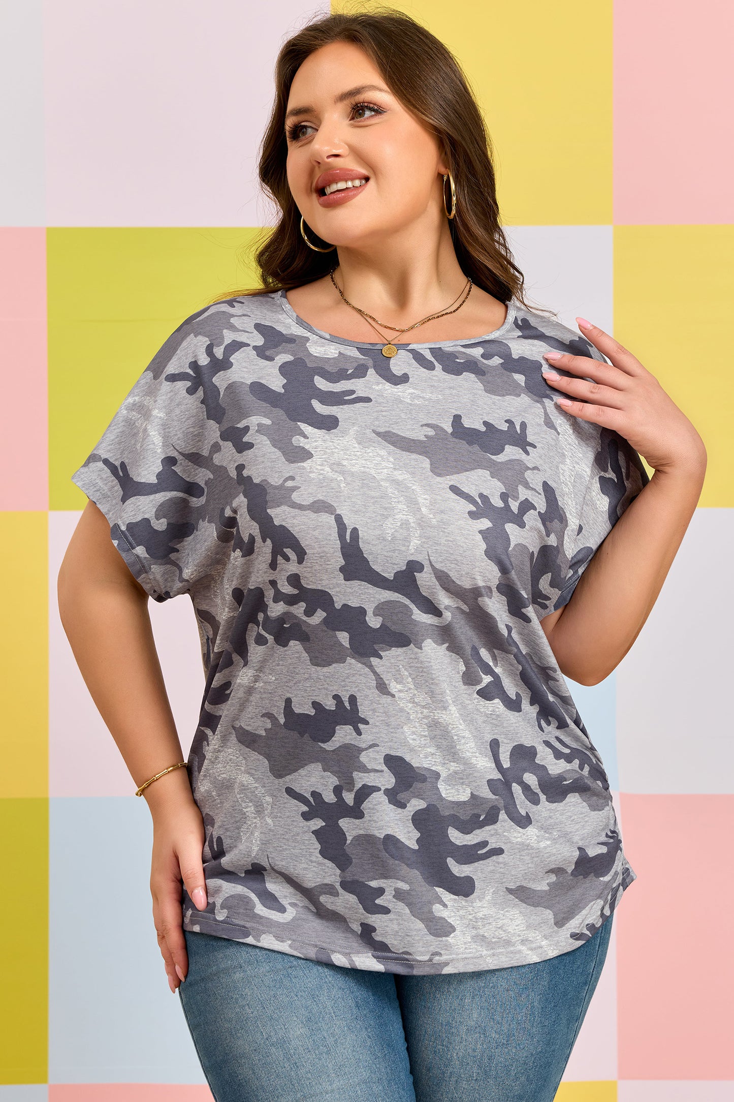 Gray Plus Size Camo Print Casual T Shirt-Plus Size/Plus Size Tops/Plus Size Tops & Tees-[Adult]-[Female]-2022 Online Blue Zone Planet