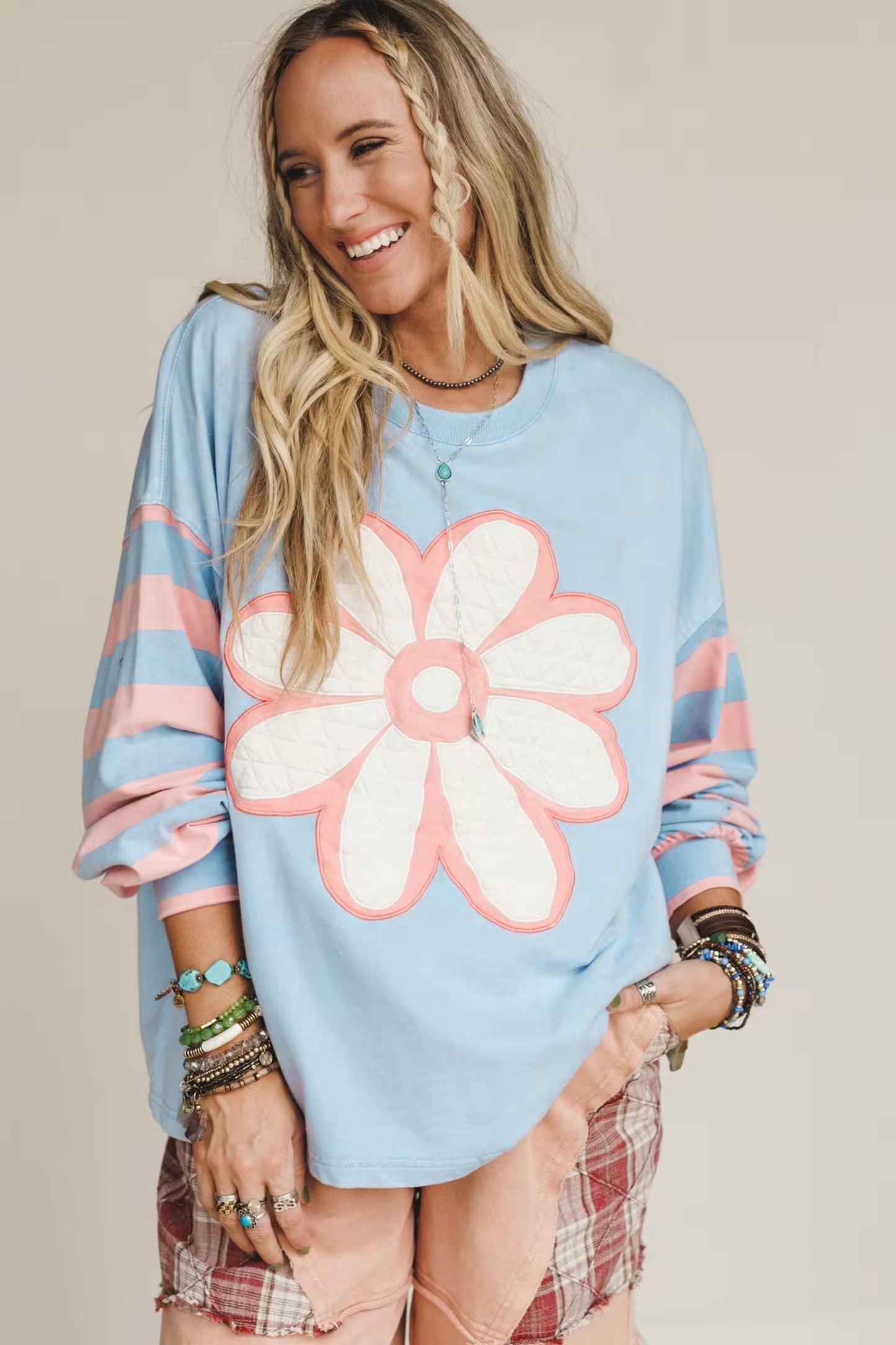 Beau Blue Big Flower Patch Drop Shoulder Striped Long Sleeve Top-Tops/Long Sleeve Tops-[Adult]-[Female]-2022 Online Blue Zone Planet