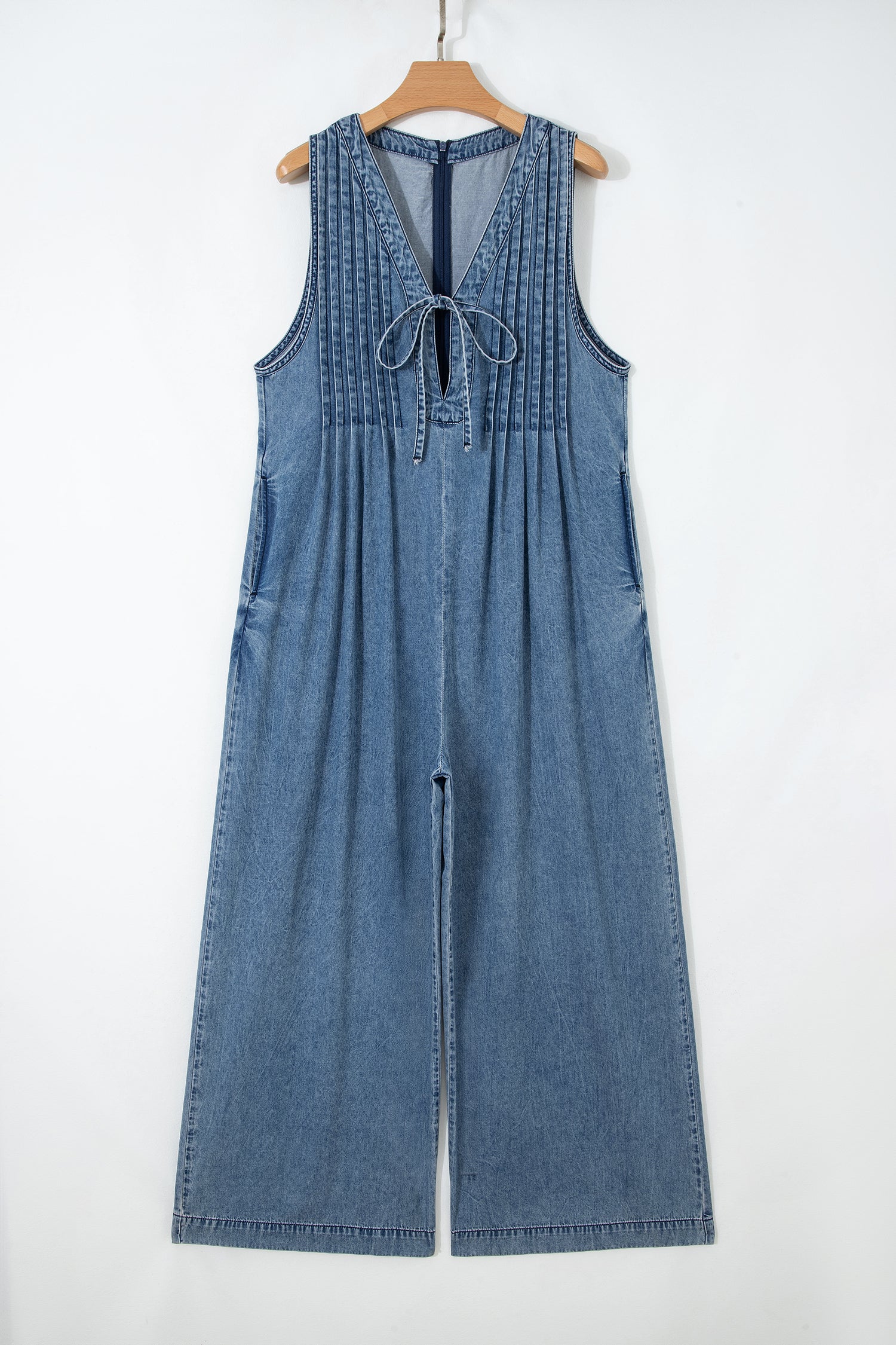 Dusk Blue Acid Wash Pintuck Tie V Neck Denim Wide Leg Jumpsuit-Bottoms/Jumpsuits & Rompers-[Adult]-[Female]-2022 Online Blue Zone Planet