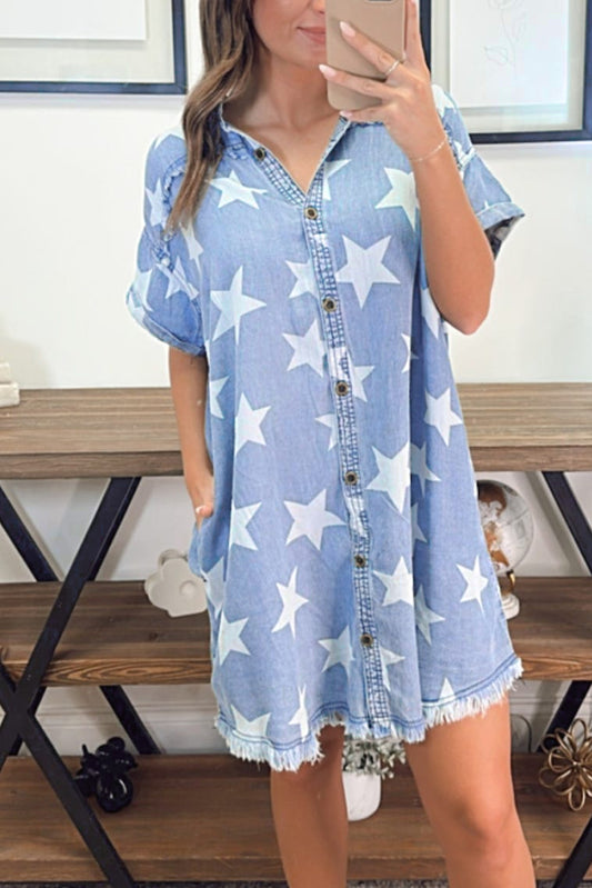 Blue Zone Planet | Sky Blue Stars Frayed Hem Collared Short Sleeve Denim Dress-TOPS / DRESSES-[Adult]-[Female]-Sky Blue-S-2022 Online Blue Zone Planet