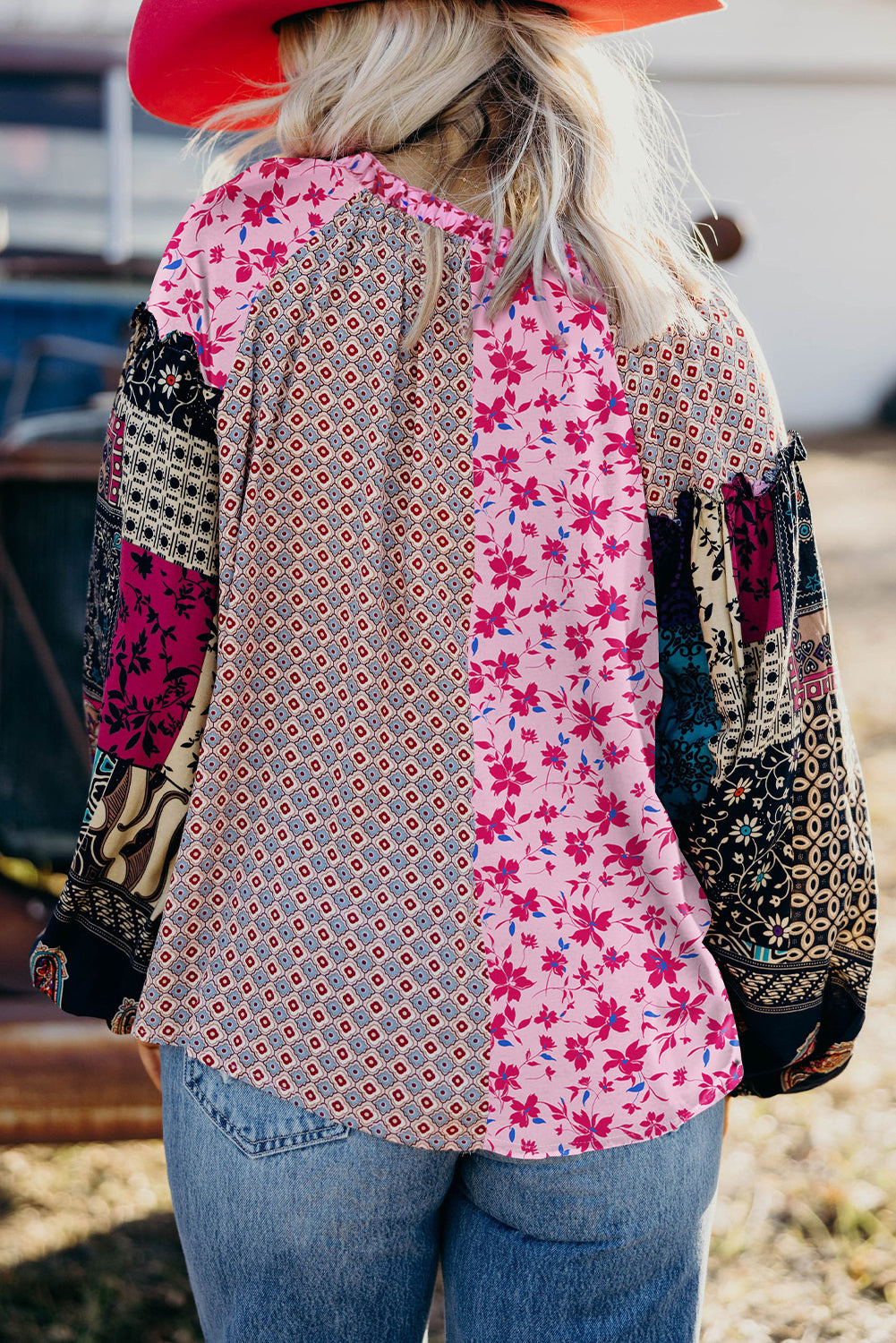 Pink Boho Mixed Floral Drop Shoulder Bubble Sleeve Blouse-Tops/Blouses & Shirts-[Adult]-[Female]-2022 Online Blue Zone Planet