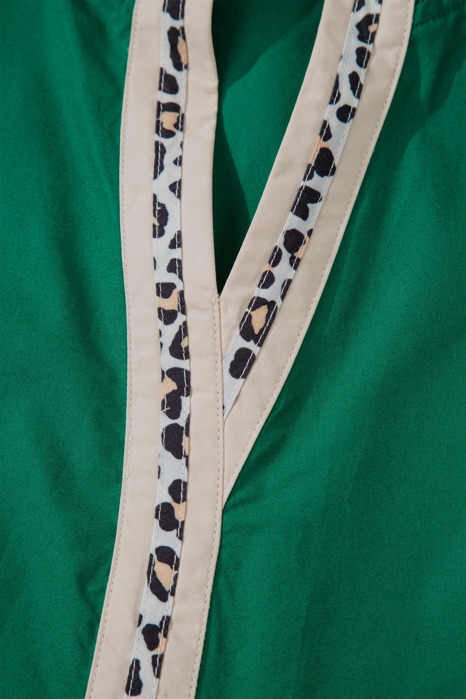 Evergreen Puffy Flounce Sleeve Leopard Trim V Neck Blouse-Tops/Blouses & Shirts-[Adult]-[Female]-2022 Online Blue Zone Planet