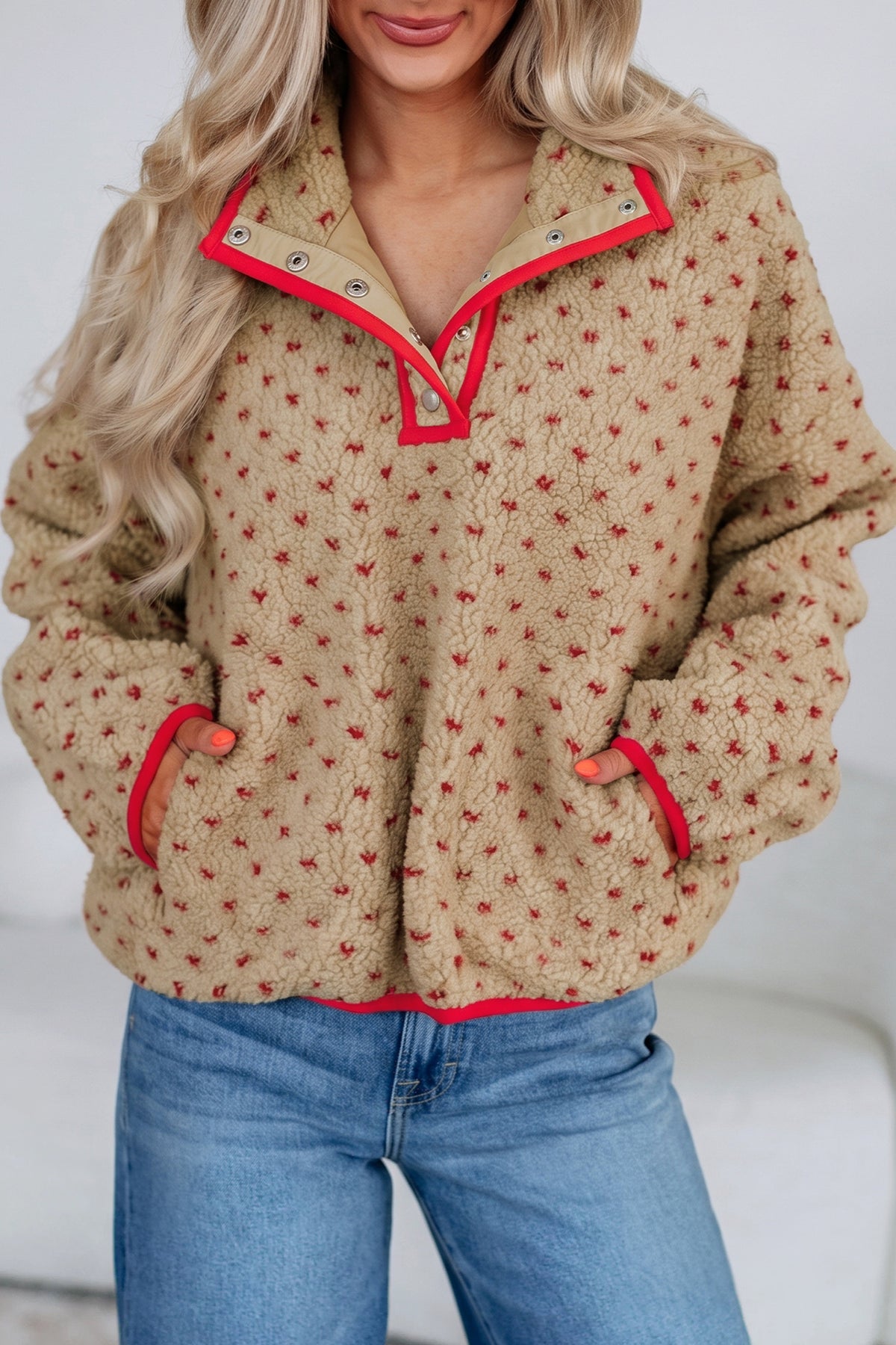 Khaki Heart Pattern Fleece Colorblock Collar Long Sleeve Sweatshirt-Tops/Sweatshirts & Hoodies-[Adult]-[Female]-Khaki-S-2022 Online Blue Zone Planet