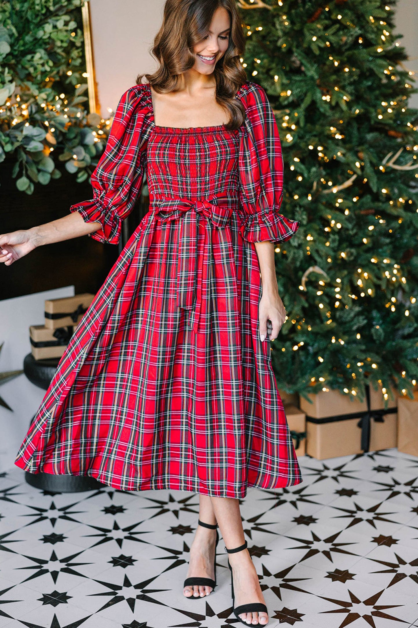Red Tartan Plaid Square Neck Puff Sleeve Knot Waist Flared Midi Dress-TOPS / DRESSES-[Adult]-[Female]-2022 Online Blue Zone Planet