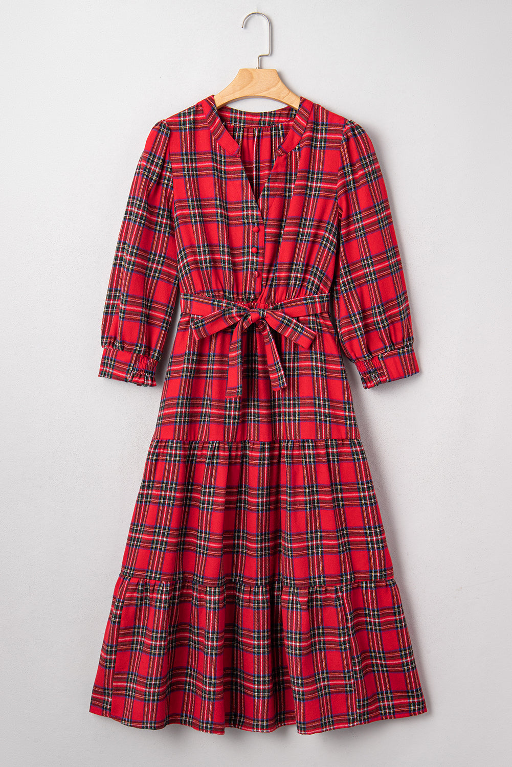 Red Christmas Plaid V Neck 3/4 Sleeve Tie Waist Ruffle Hem Long Dress-TOPS / DRESSES-[Adult]-[Female]-2022 Online Blue Zone Planet
