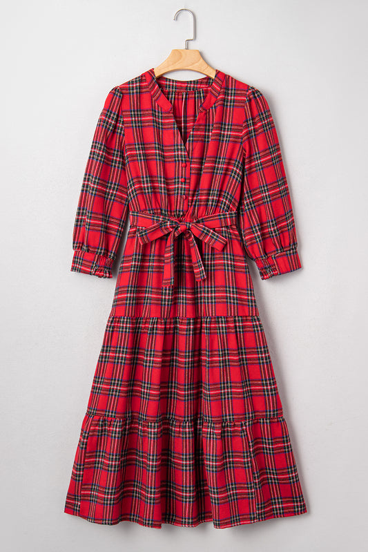 Red Christmas Plaid V Neck 3/4 Sleeve Tie Waist Ruffle Hem Long Dress-TOPS / DRESSES-[Adult]-[Female]-2022 Online Blue Zone Planet