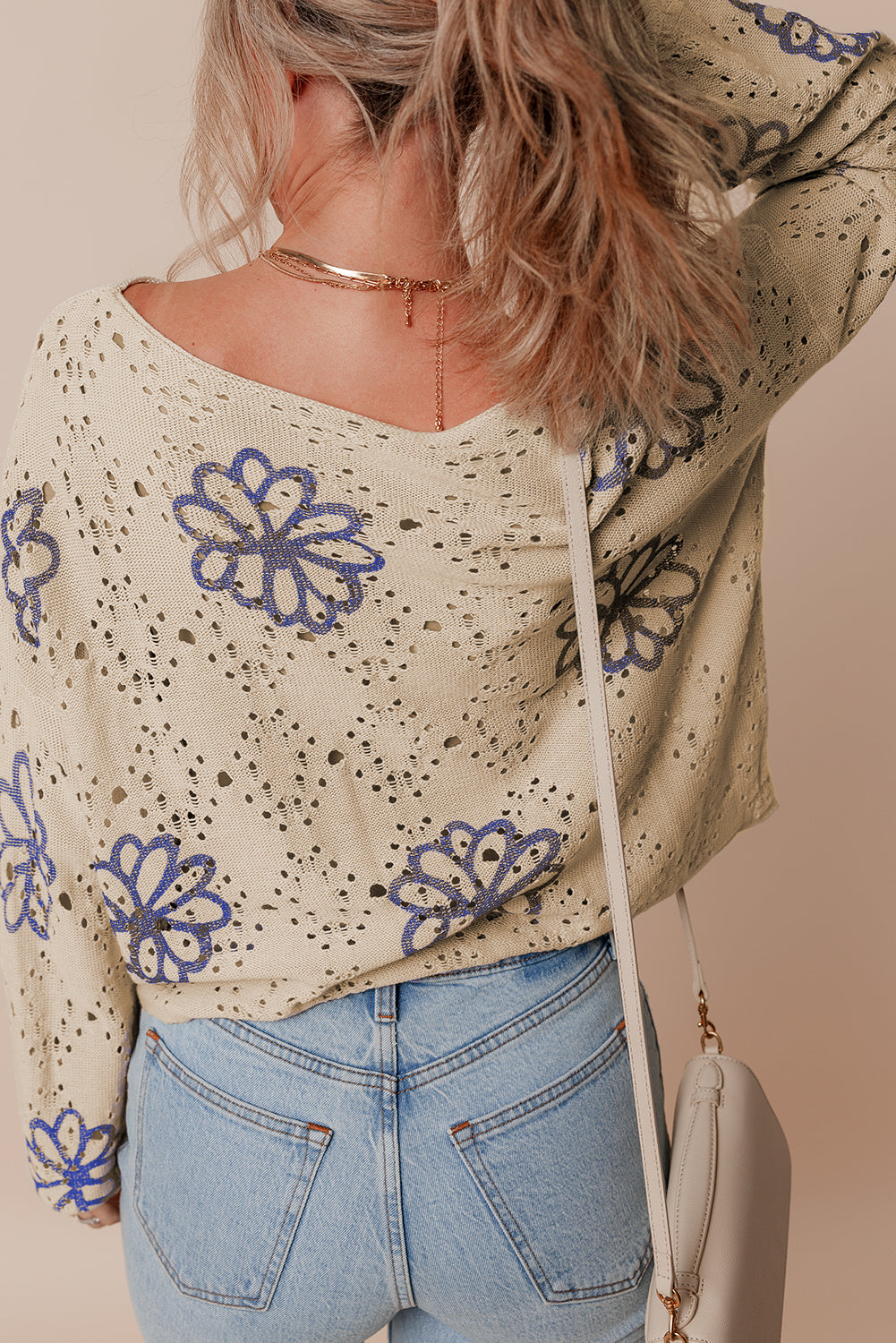 Beige Contrast Flower Print Eyelet Drop Shoulder Sweater-Sweaters & Cardigans/Sweaters-[Adult]-[Female]-2022 Online Blue Zone Planet