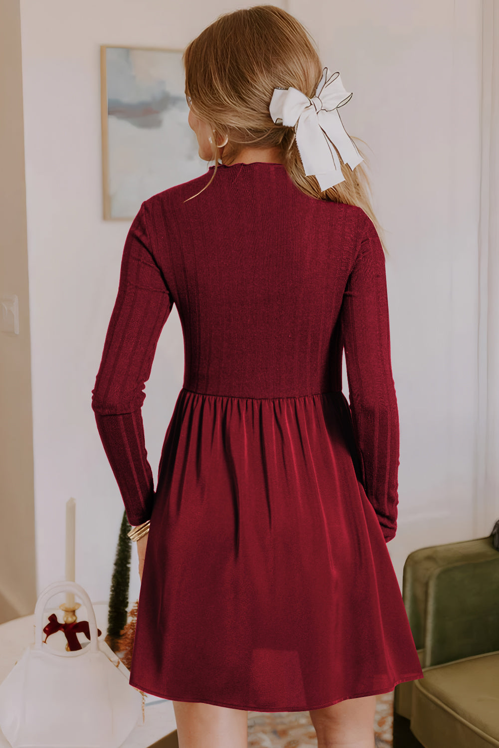 Red Dahlia Frilled Neck Ribbed Knit Patchwork Long Sleeve Mini Dress-TOPS / DRESSES-[Adult]-[Female]-2022 Online Blue Zone Planet