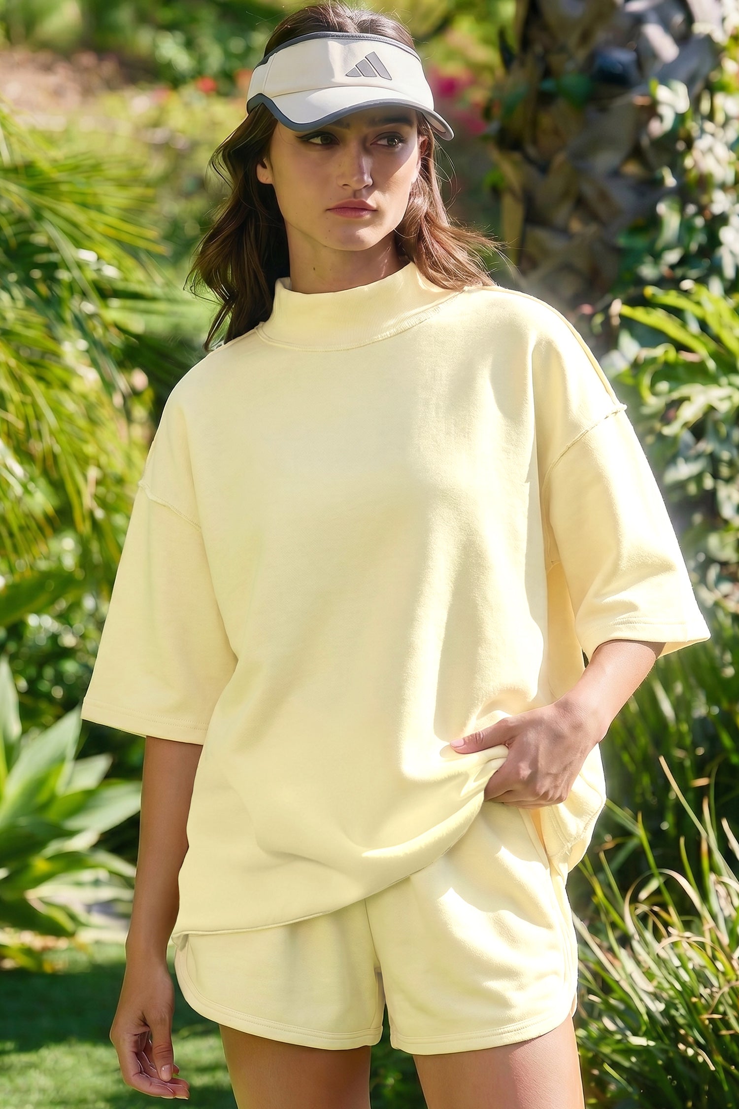 Light Pink Solid Color Exposed Seam Mock Neck Oversize Tee Casual Shorts 2pcs Outfit-Two Piece Sets/Short Sets-[Adult]-[Female]-2022 Online Blue Zone Planet