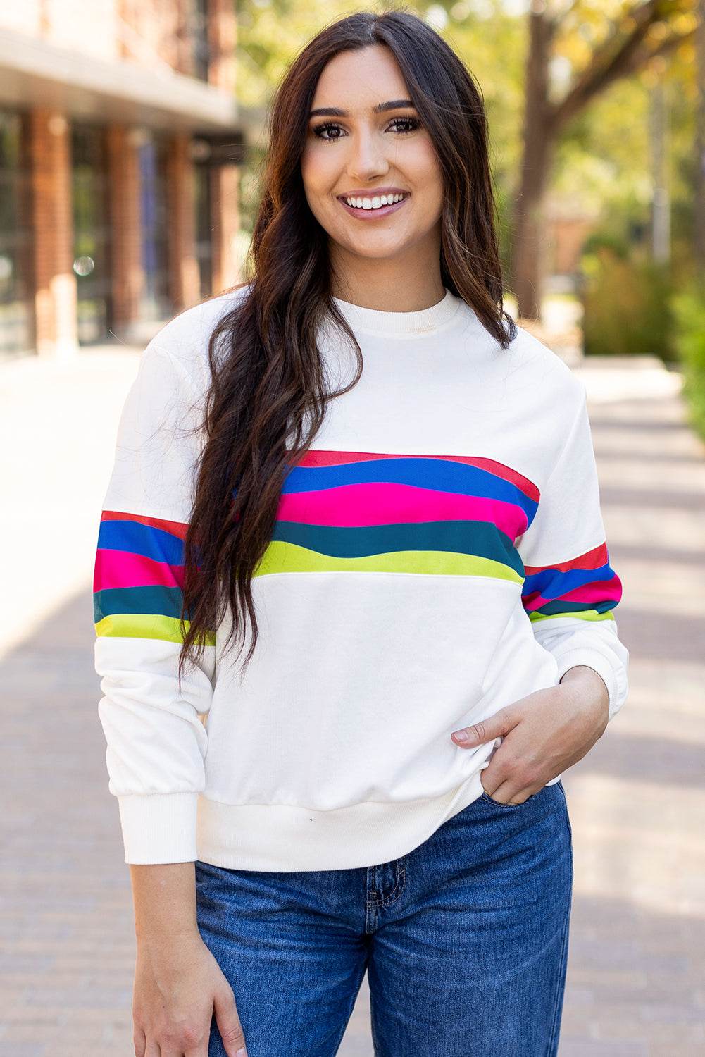 Green Colorful Striped Accent Long Sleeve T Shirt-Tops/Long Sleeve Tops-[Adult]-[Female]-White-S-2022 Online Blue Zone Planet