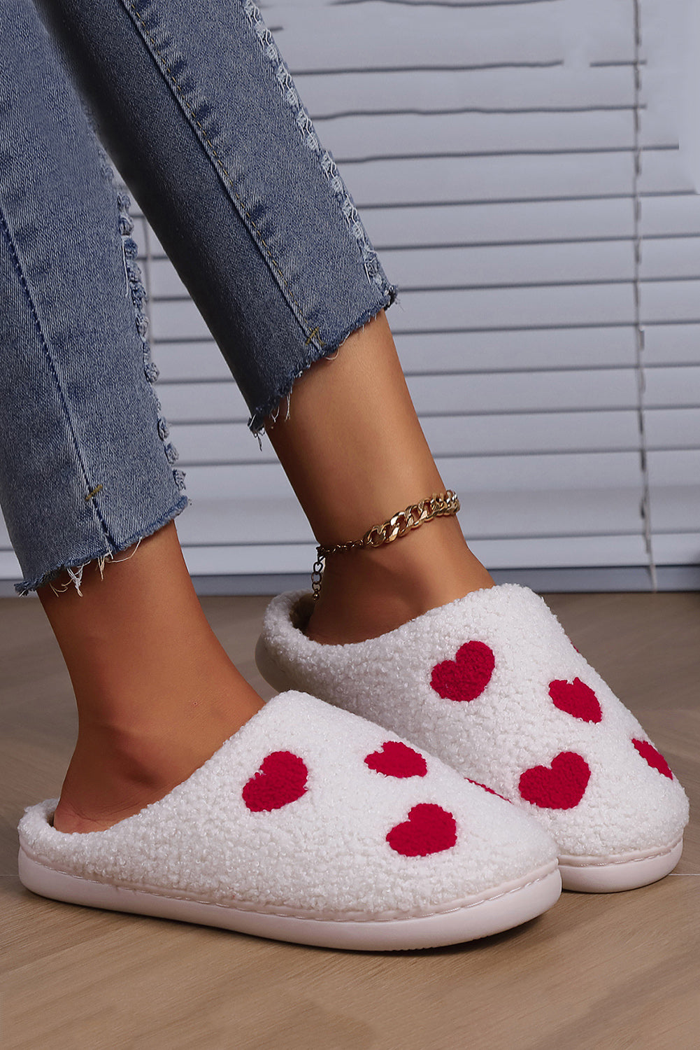 White Valentines Day Hearts Print Plush House Slippers-Shoes & Bags/Slippers-[Adult]-[Female]-2022 Online Blue Zone Planet