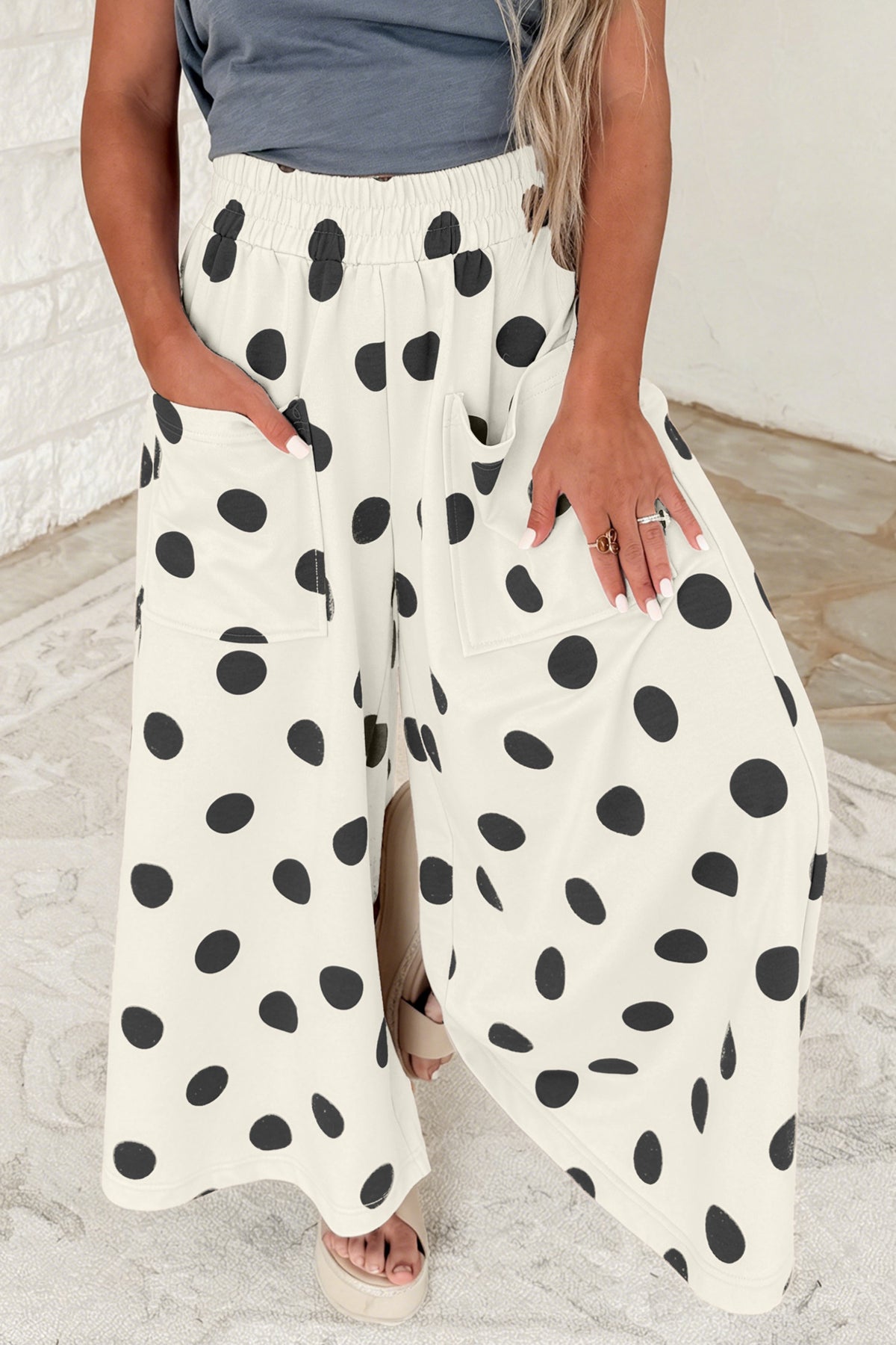 Brown Polka Dot Wide Leg Elastic Waist Casual Pants-Bottoms/Pants & Culotte-[Adult]-[Female]-2022 Online Blue Zone Planet