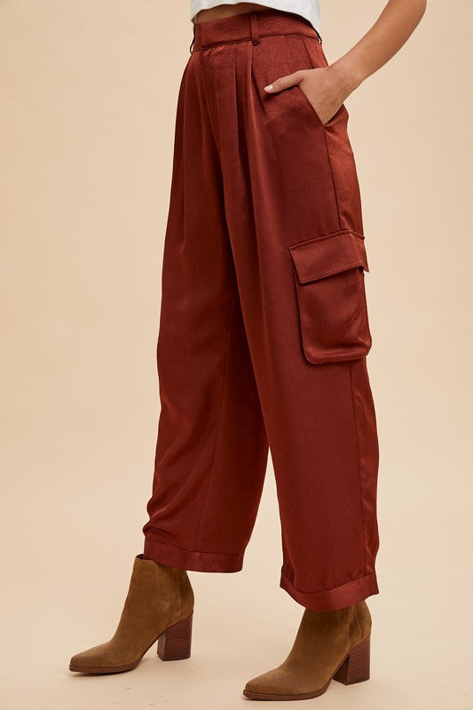 Annie Wear Wide Leg Cargo Satin Pants-BOTTOM SIZES SMALL MEDIUM LARGE-[Adult]-[Female]-2022 Online Blue Zone Planet