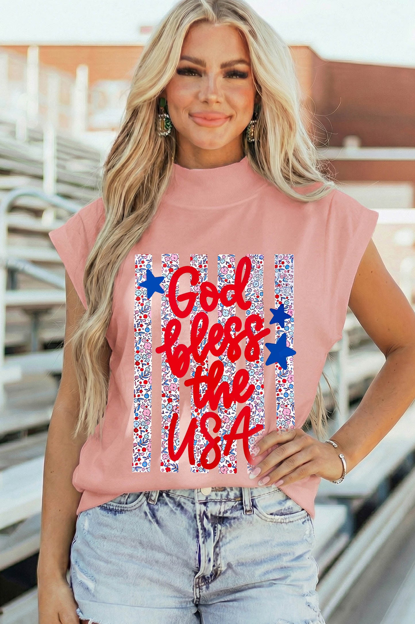 Pink God Bless The Usa Floral American Flag Print High Neck Short Sleeve Top