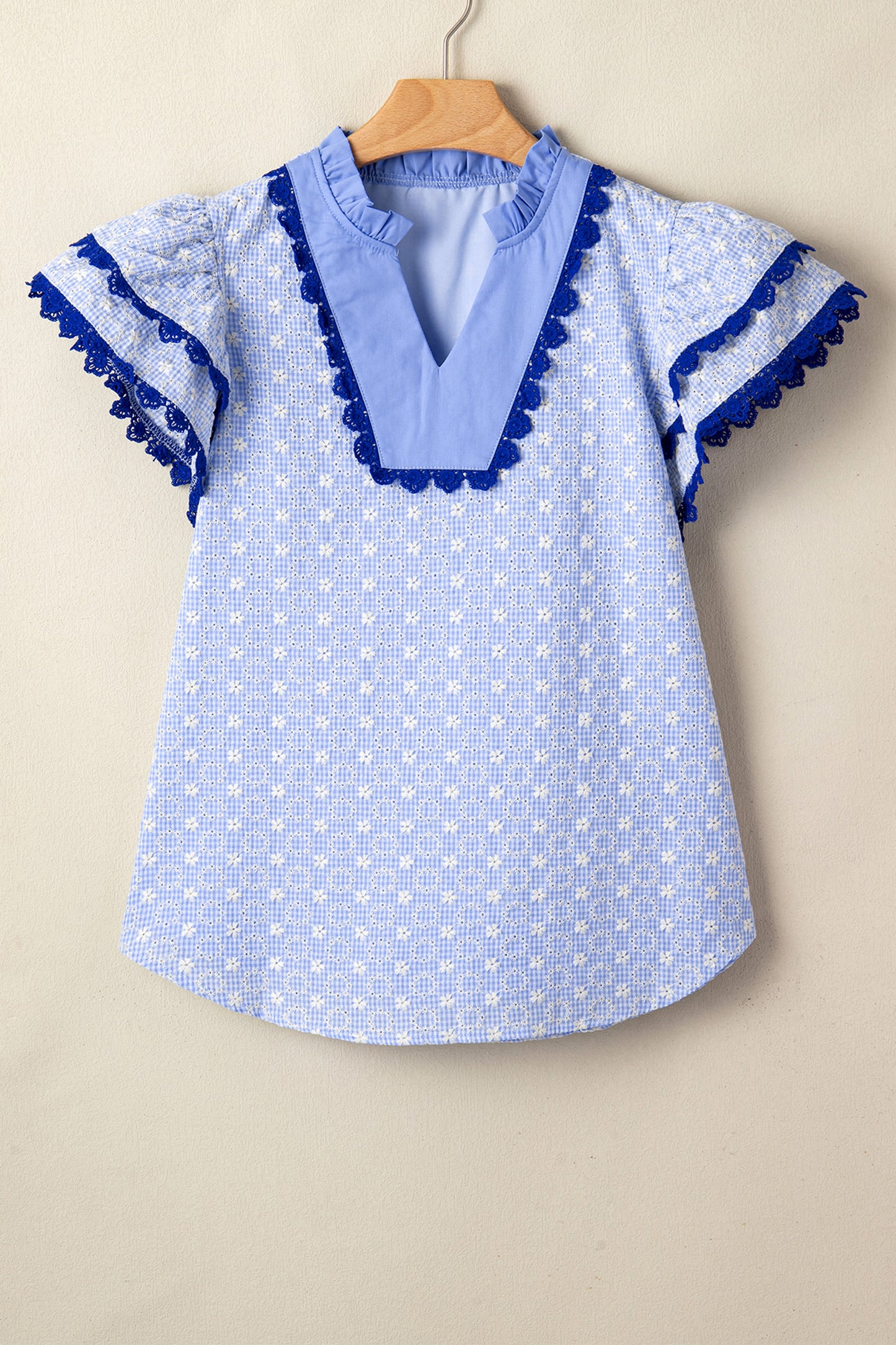 Beau Blue Eyelet Embroidered Flower Texture Contrast Lace Trim Flutter Sleeve Blouse-Tops/Blouses & Shirts-[Adult]-[Female]-2022 Online Blue Zone Planet
