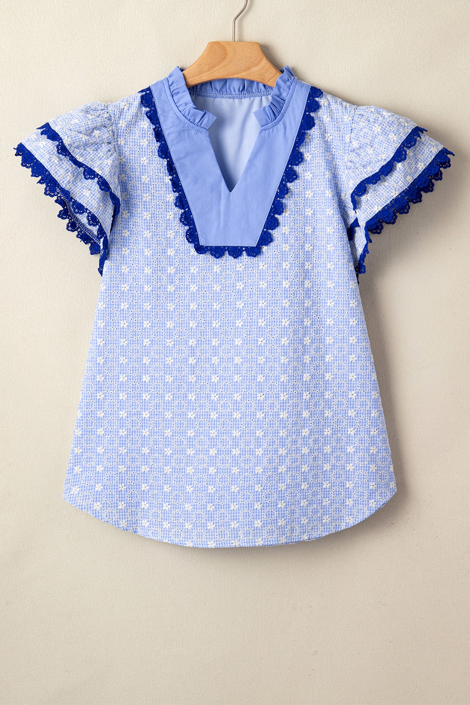 Beau Blue Eyelet Embroidered Flower Texture Contrast Lace Trim Flutter Sleeve Blouse-Tops/Blouses & Shirts-[Adult]-[Female]-2022 Online Blue Zone Planet
