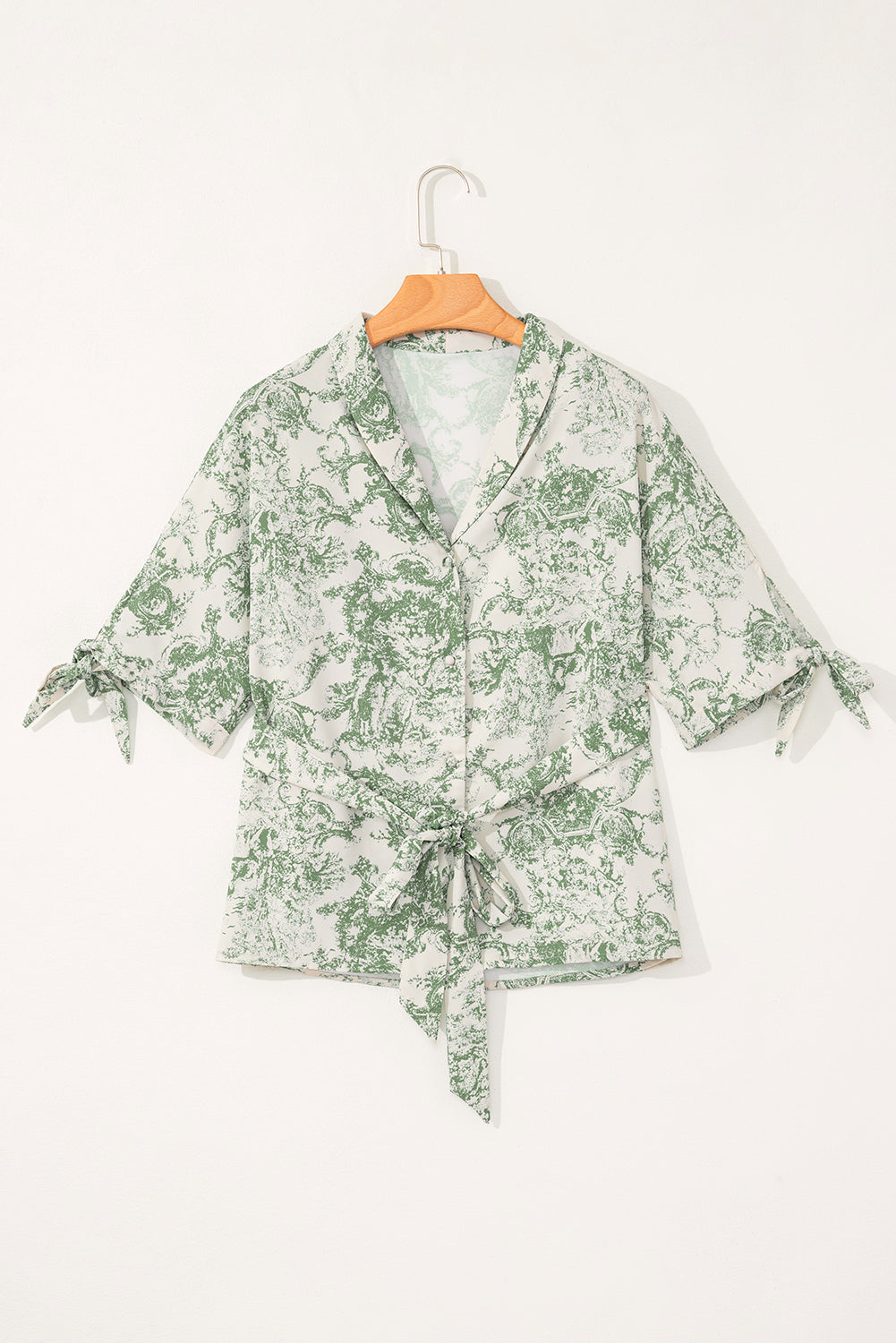 Green Landscape Print Tied 3/4 Sleeve Shirt with Sash-Tops/Blouses & Shirts-[Adult]-[Female]-2022 Online Blue Zone Planet