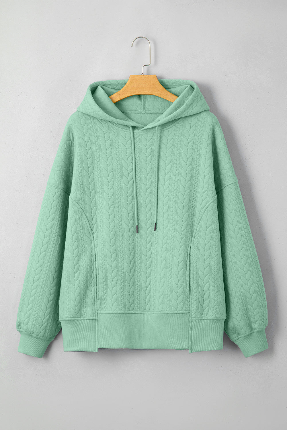 Moonlight Jade Cable Textured Baggy Solid Hoodie-Tops/Sweatshirts & Hoodies-[Adult]-[Female]-2022 Online Blue Zone Planet