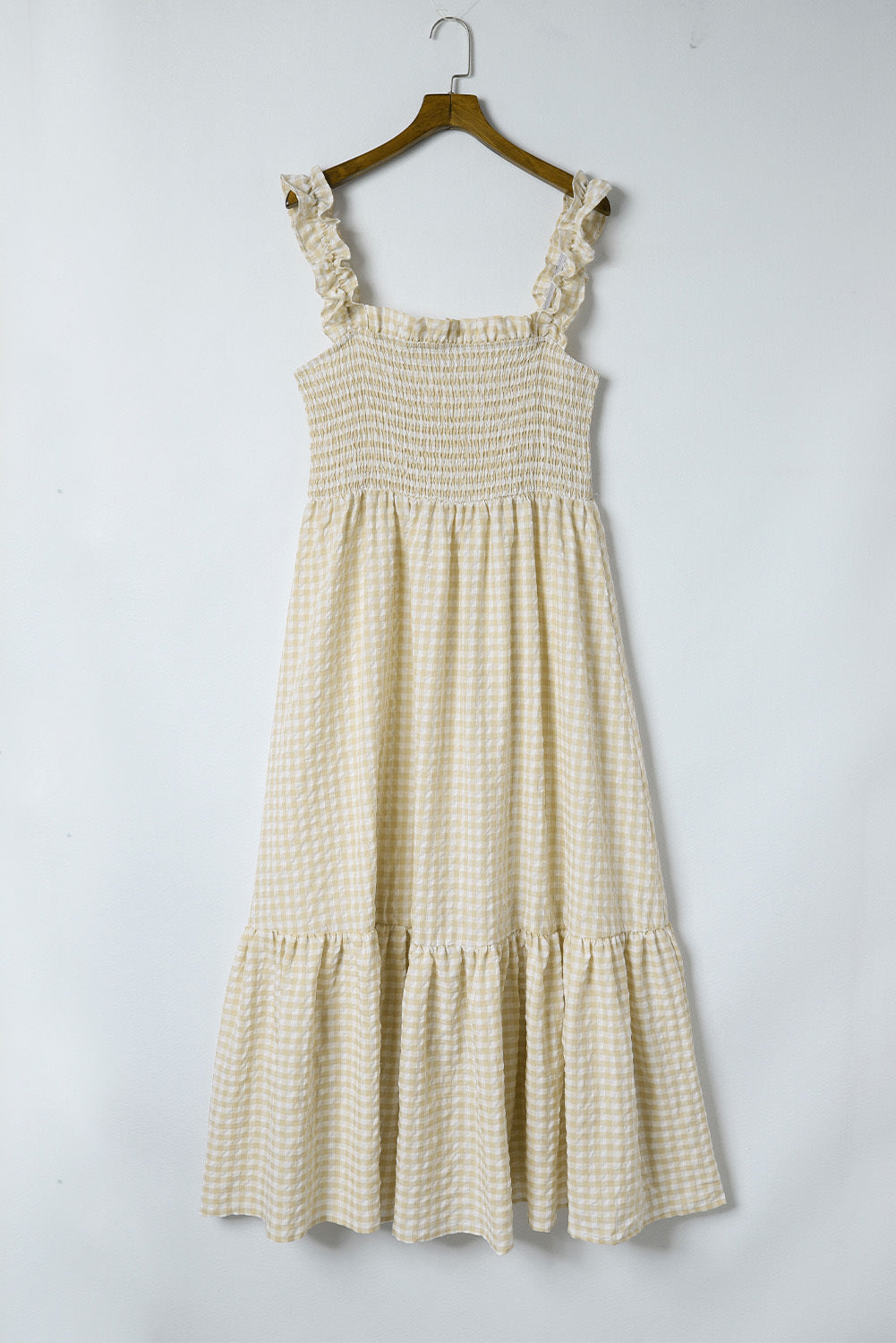 Blue Zone Planet | Khaki Plaid Ruffled Sleeve Smocked Maxi Dress-TOPS / DRESSES-[Adult]-[Female]-2022 Online Blue Zone Planet