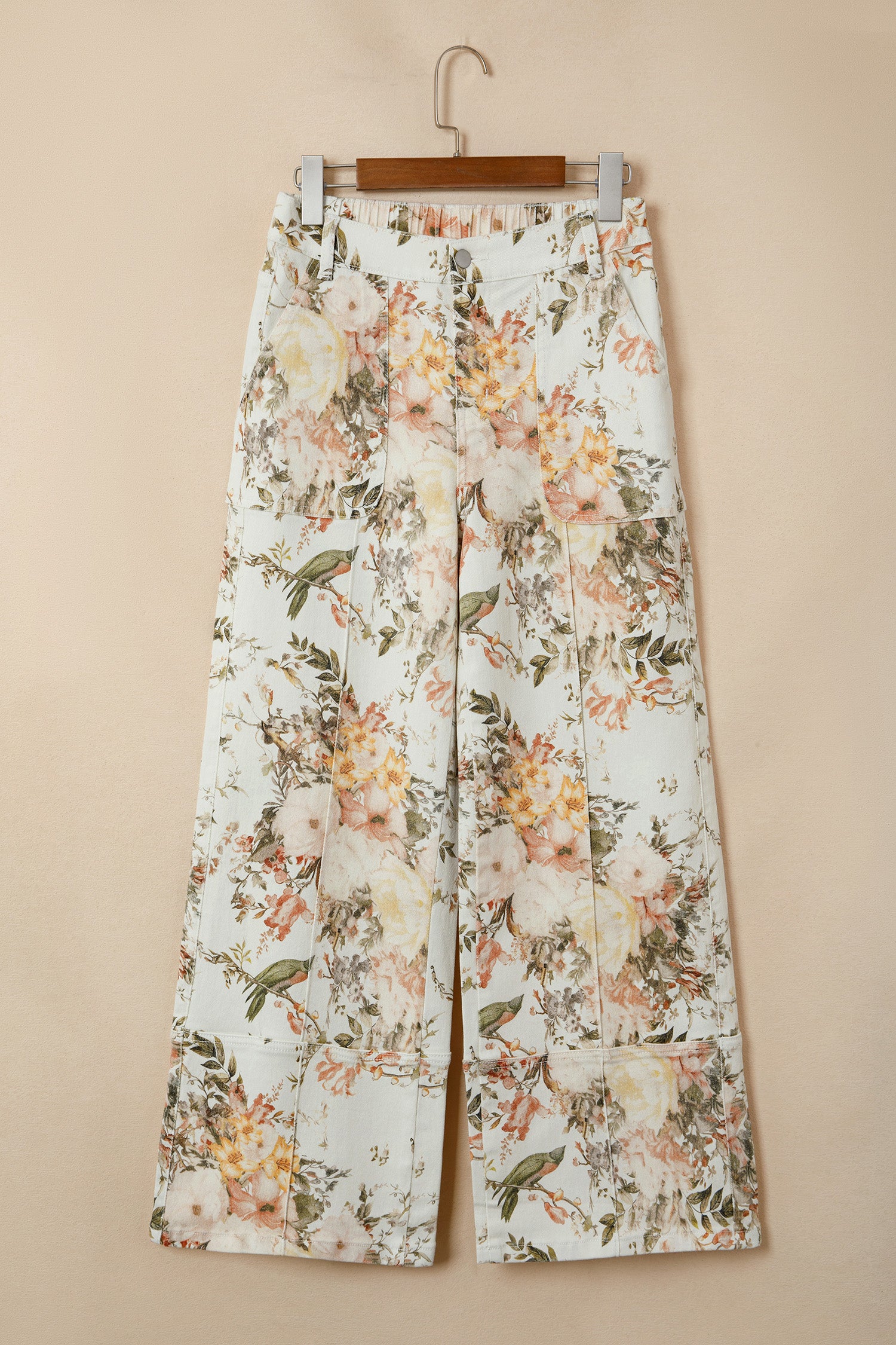 Beige Vintage Style Floral Print High Waist Wide Leg Jeans-Bottoms/Jeans-[Adult]-[Female]-2022 Online Blue Zone Planet