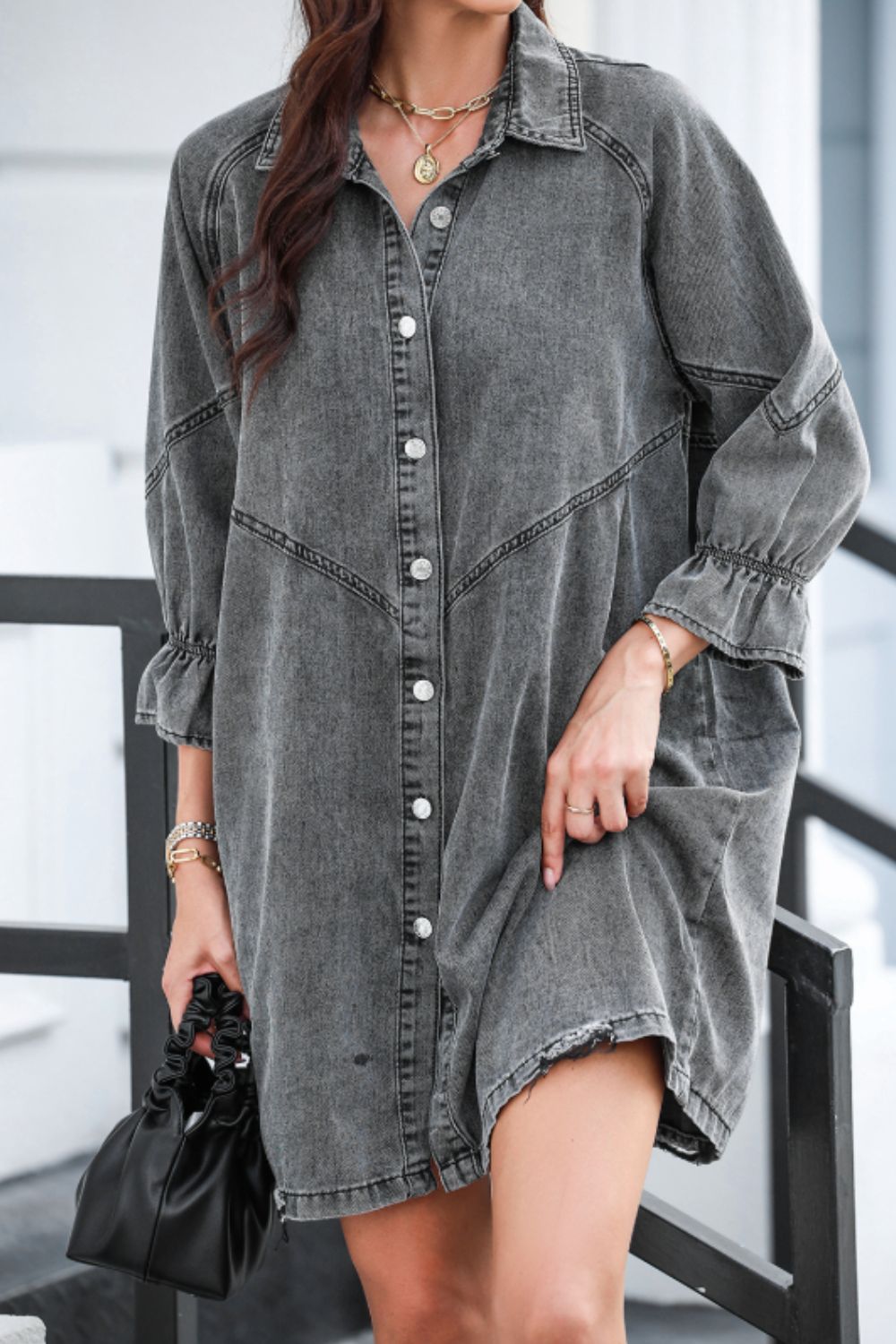 Blue Zone Planet | Distressed Collared Neck Flounce Sleeve Denim Dress-TOPS / DRESSES-[Adult]-[Female]-Gray-S-2022 Online Blue Zone Planet