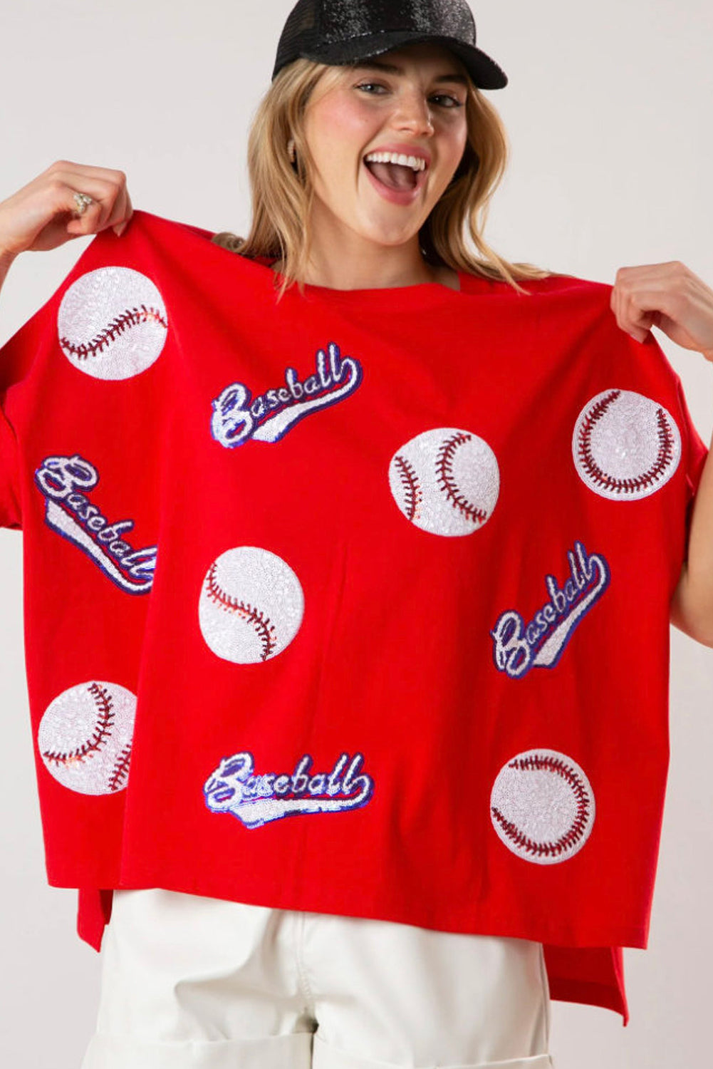 Blue Zone Planet | Fiery Red Sequin Baseball Loose Fit Tee-T Shirts-[Adult]-[Female]-2022 Online Blue Zone Planet