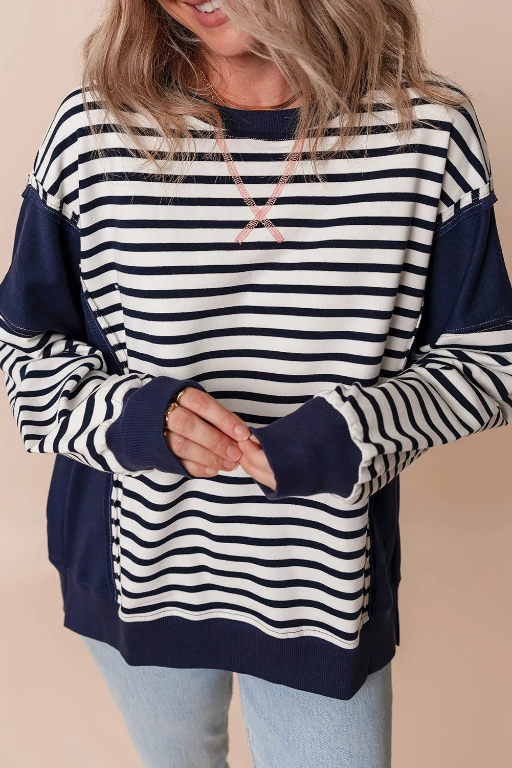 Striped Round Neck Long Sleeve Sweatshirt-TOPS / DRESSES-[Adult]-[Female]-Dark Navy-S-2022 Online Blue Zone Planet