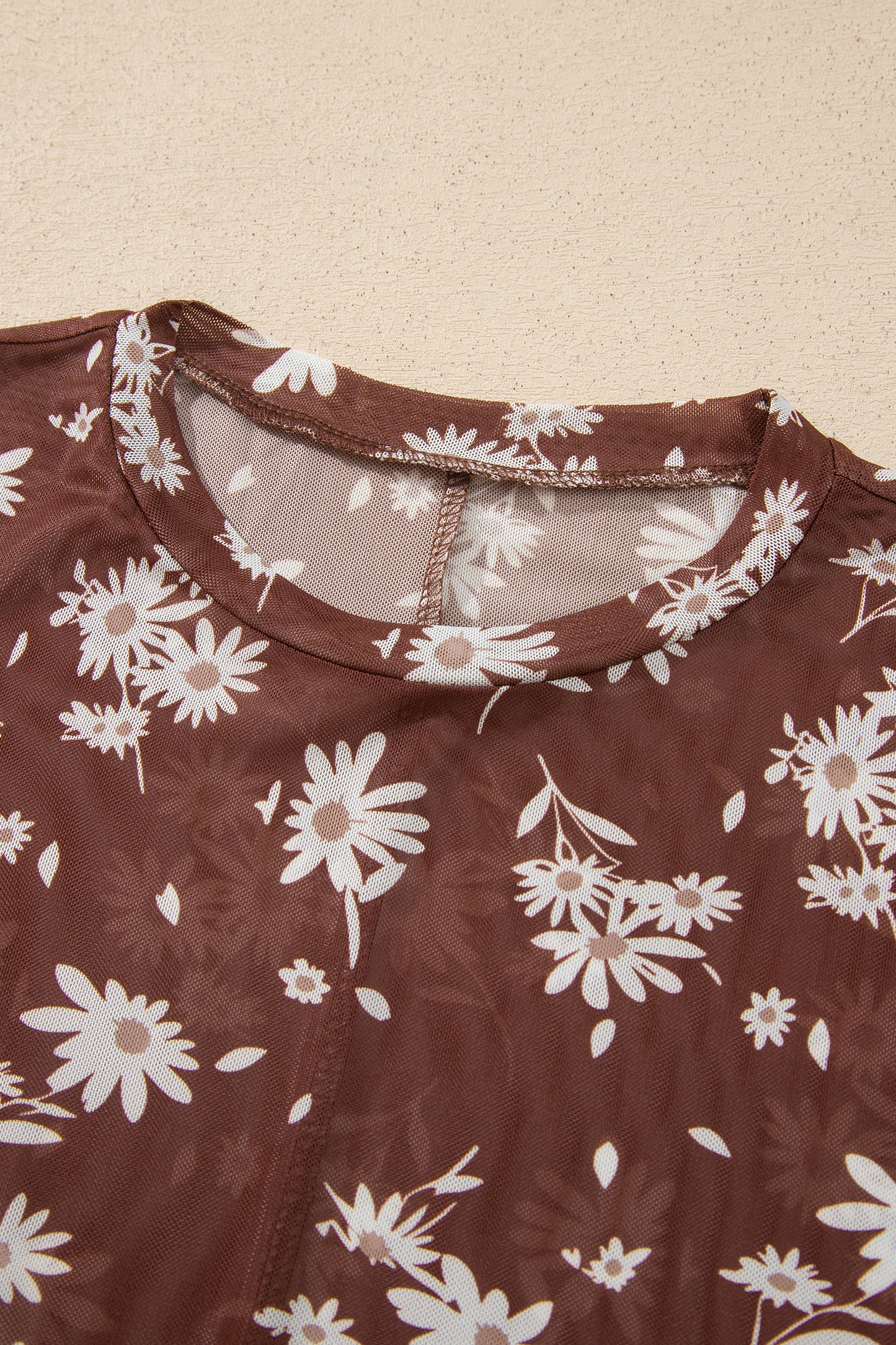 Brown Floral Print Sheer Mesh Long Sleeve Top-Tops/Long Sleeve Tops-[Adult]-[Female]-2022 Online Blue Zone Planet
