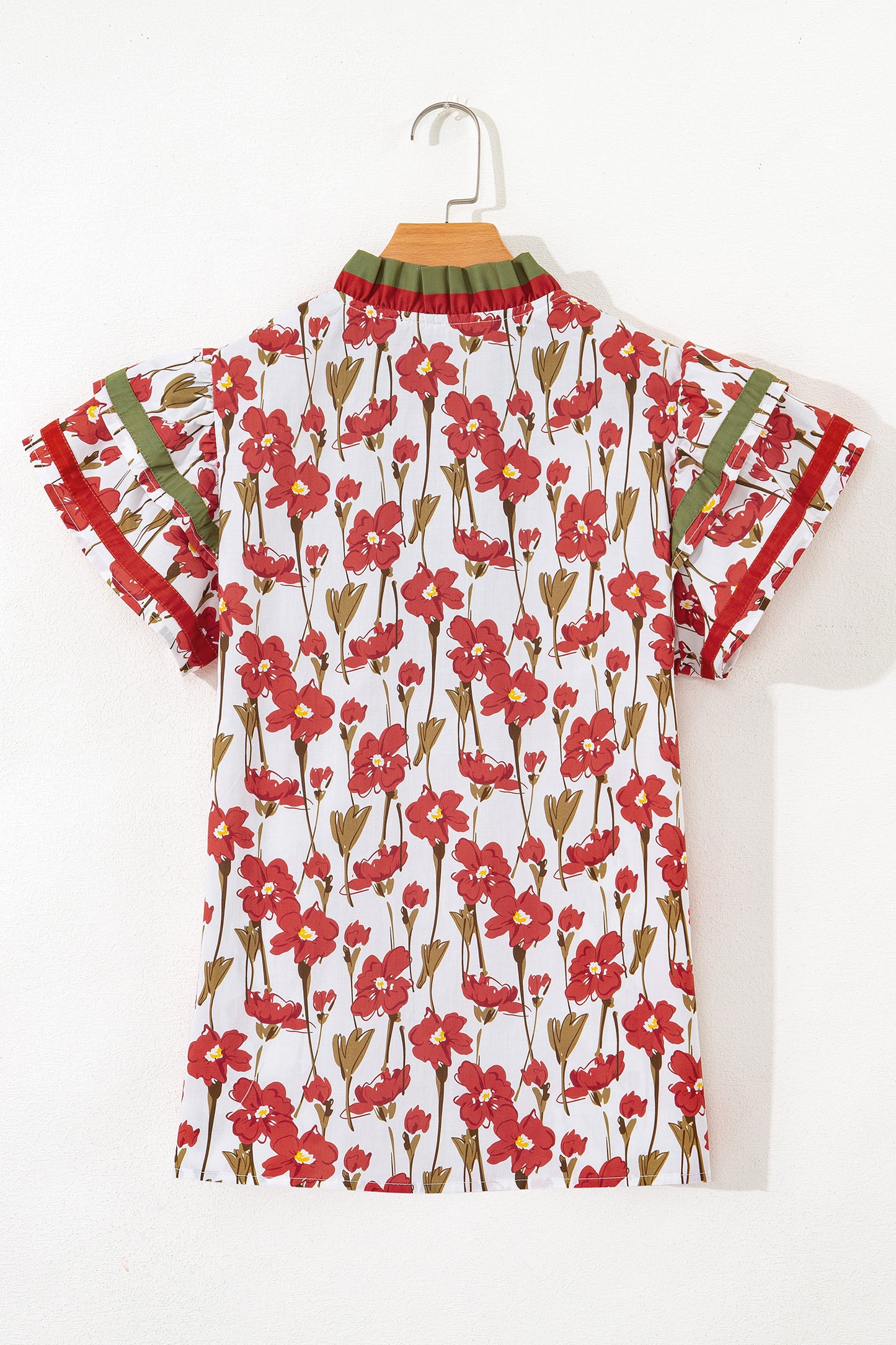 Red Floral Print Contrast Trim V Neck Double Ruffled Short Sleeve Blouse-Tops/Blouses & Shirts-[Adult]-[Female]-2022 Online Blue Zone Planet