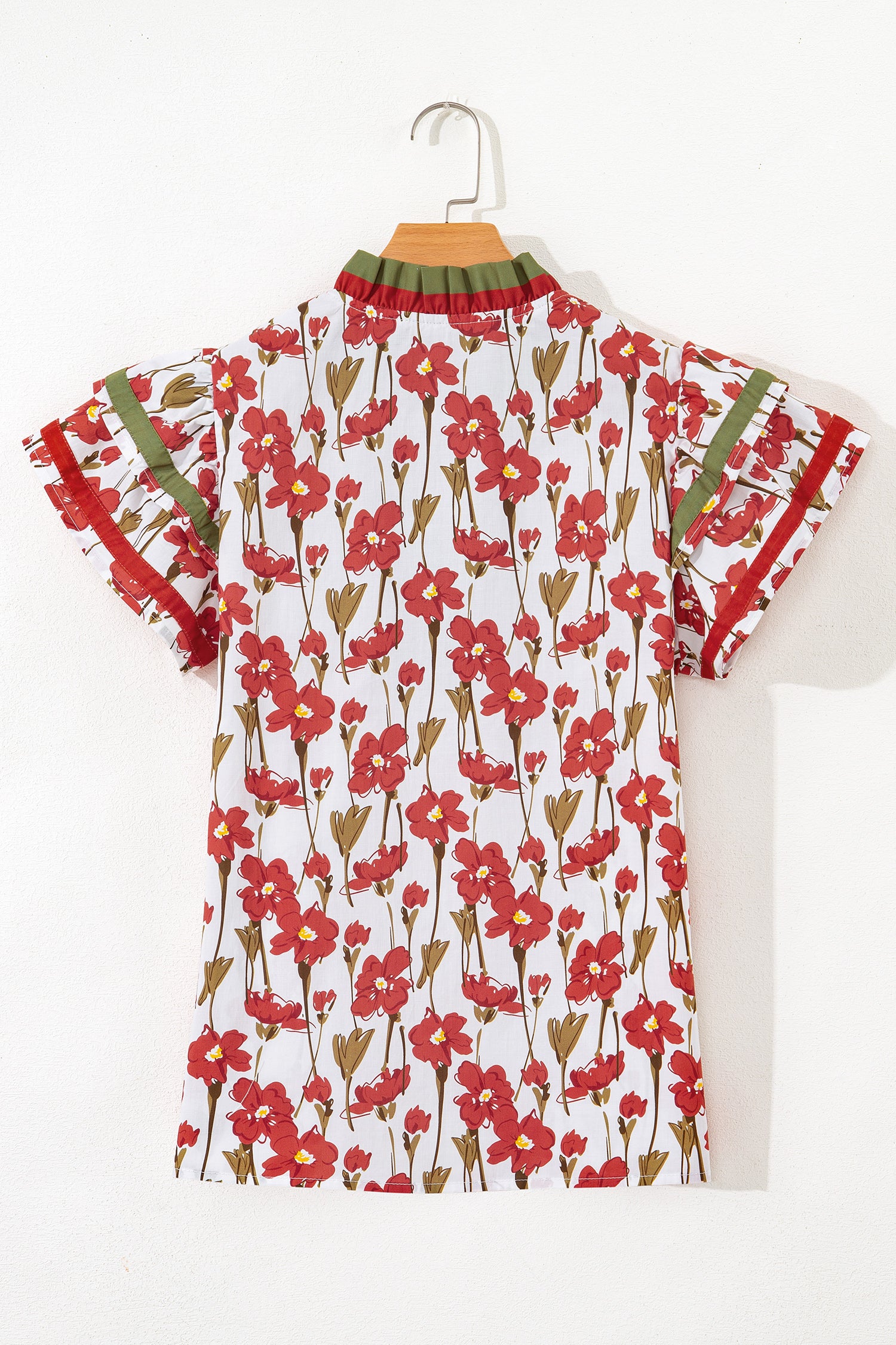Red Floral Print Contrast Trim V Neck Double Ruffled Short Sleeve Blouse-Tops/Blouses & Shirts-[Adult]-[Female]-2022 Online Blue Zone Planet