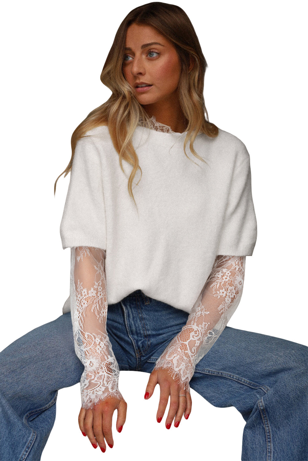 Beige Lace Sleeve Patchwork Faux Two-piece Fuzzy Sweater-TOPS / DRESSES-[Adult]-[Female]-2022 Online Blue Zone Planet