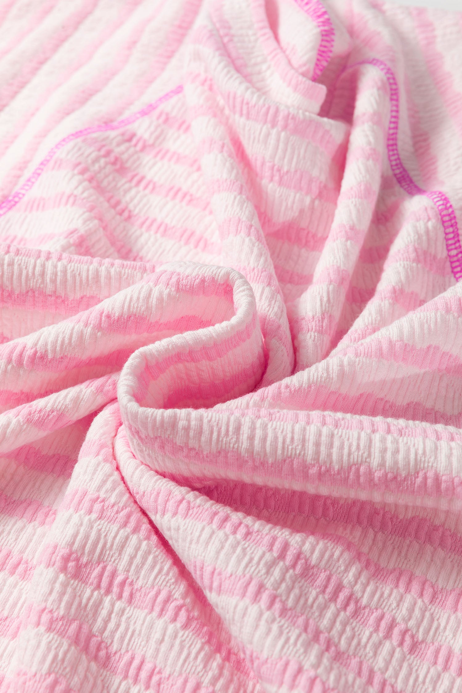 Pink Stripe Textured Knit Split Hem Half Sleeve Loose Top-Tops/Tops & Tees-[Adult]-[Female]-2022 Online Blue Zone Planet