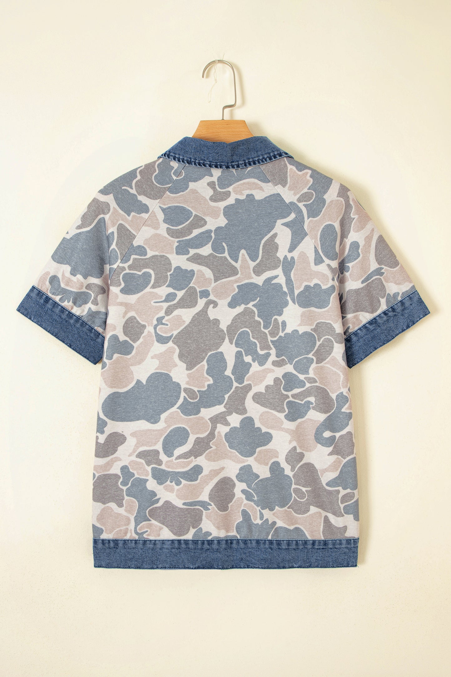 Multicolour Camouflage Print Denim Patchwork Polo Collar Tee-Tops/Tops & Tees-[Adult]-[Female]-2022 Online Blue Zone Planet