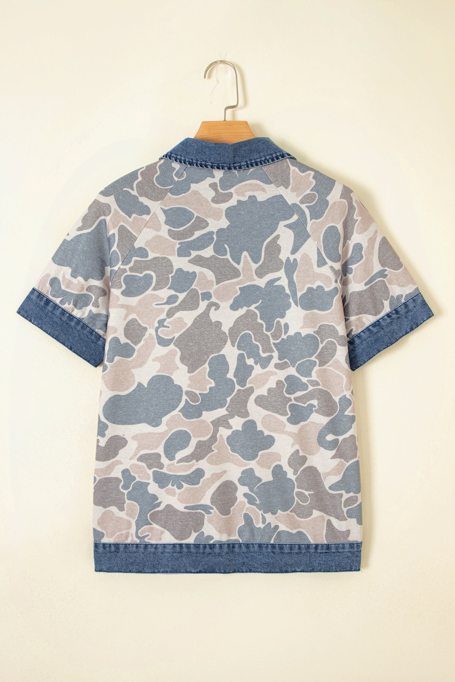 Multicolour Camouflage Print Denim Patchwork Polo Collar Tee-Tops/Tops & Tees-[Adult]-[Female]-2022 Online Blue Zone Planet