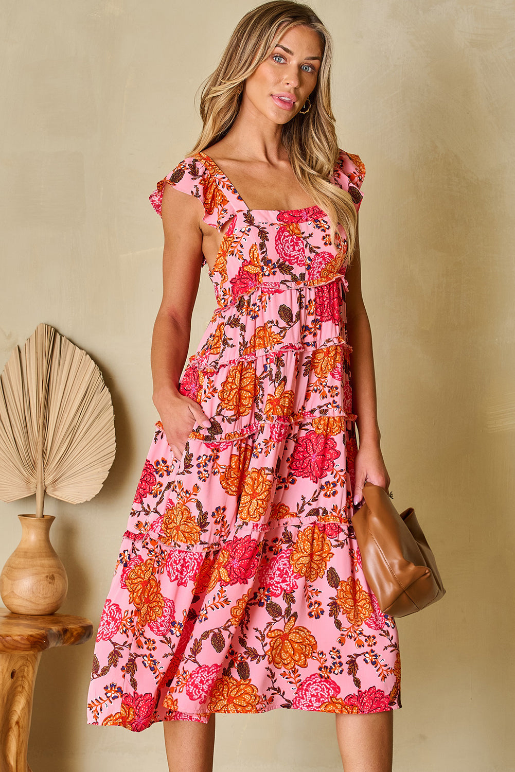 Pink Floral Square Neck Ruffled Flutter Sleeve Tiered Midi Dress-Dresses/Floral Dresses-[Adult]-[Female]-2022 Online Blue Zone Planet