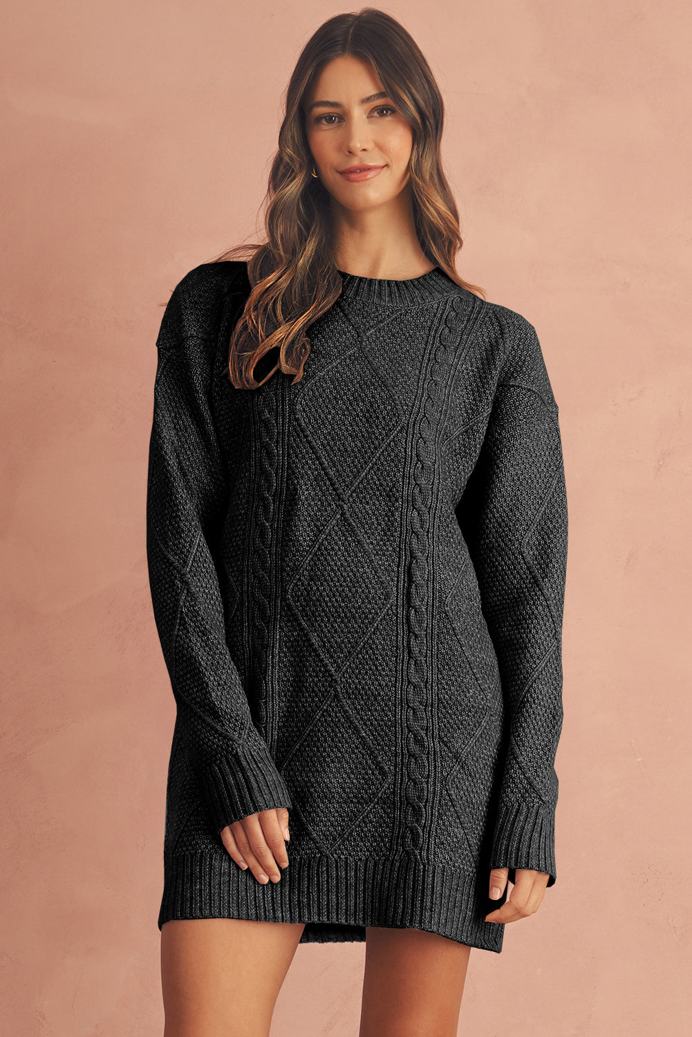 Black Twist Cable Knit Drop Shoulder Loose Fit Sweater Dress-Sweater Dresses-[Adult]-[Female]-Black-S-2022 Online Blue Zone Planet