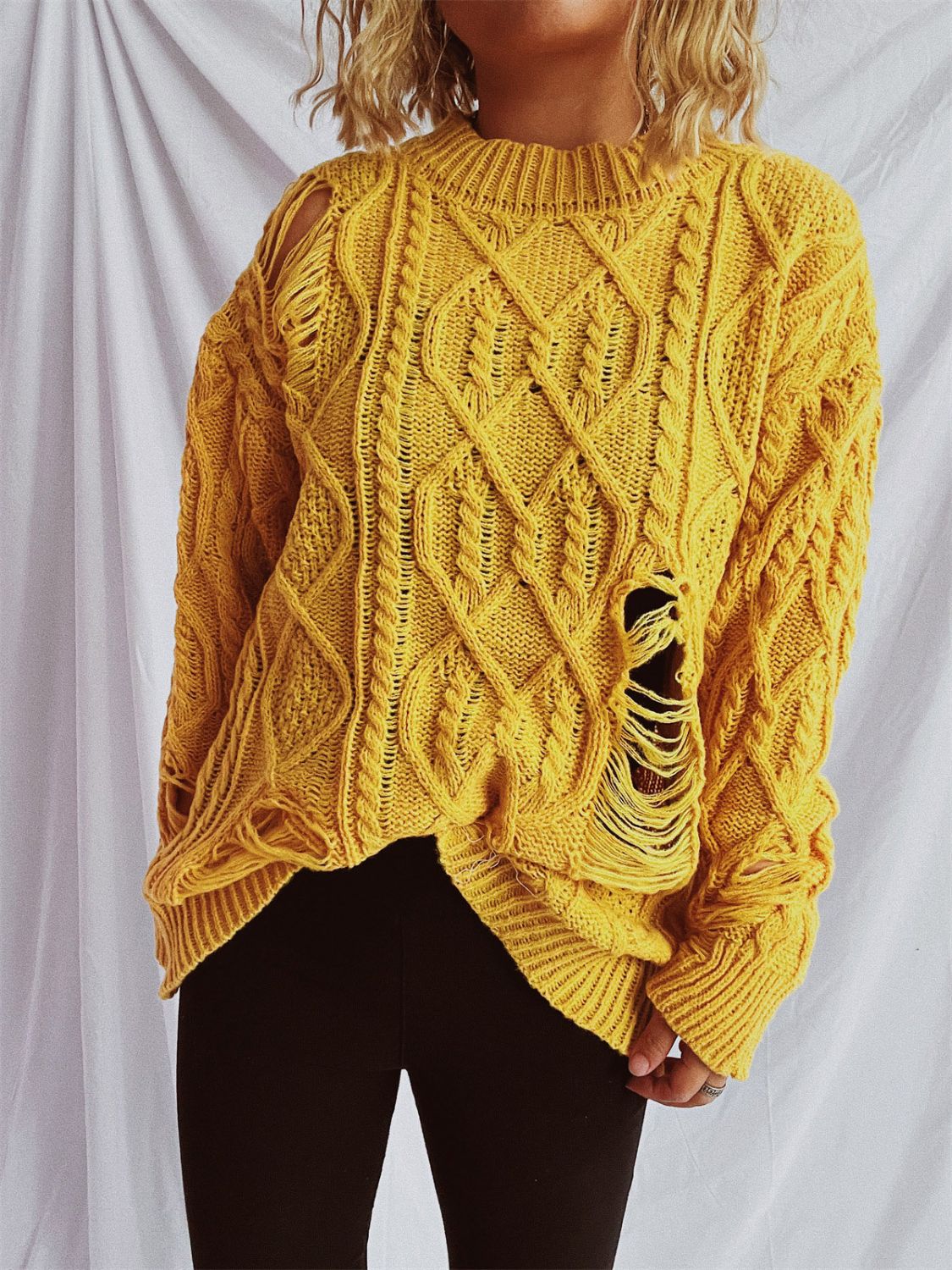 Distressed Cable-Knit Round Neck Long Sleeve Sweater-TOPS / DRESSES-[Adult]-[Female]-Mustard-One Size-2022 Online Blue Zone Planet