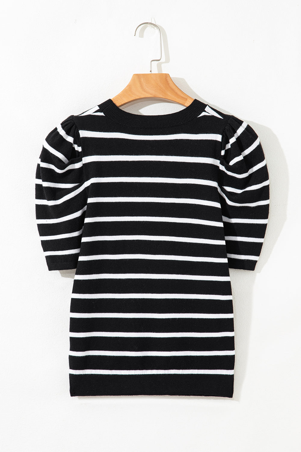 White Stripe Ribbed Trim Round Neck Bubble Sleeve Knitted Top-Sweaters & Cardigans/Short Sleeve Sweaters-[Adult]-[Female]-2022 Online Blue Zone Planet