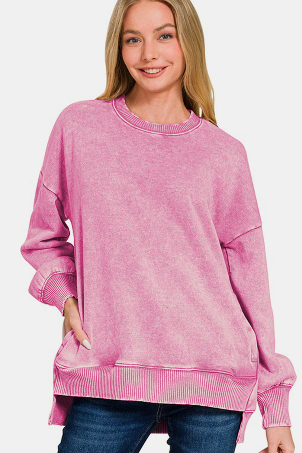 Zenana High-Low Acid Wash Fleece Sweatshirt-TOPS / DRESSES-[Adult]-[Female]-Dusty Pink-S-2022 Online Blue Zone Planet