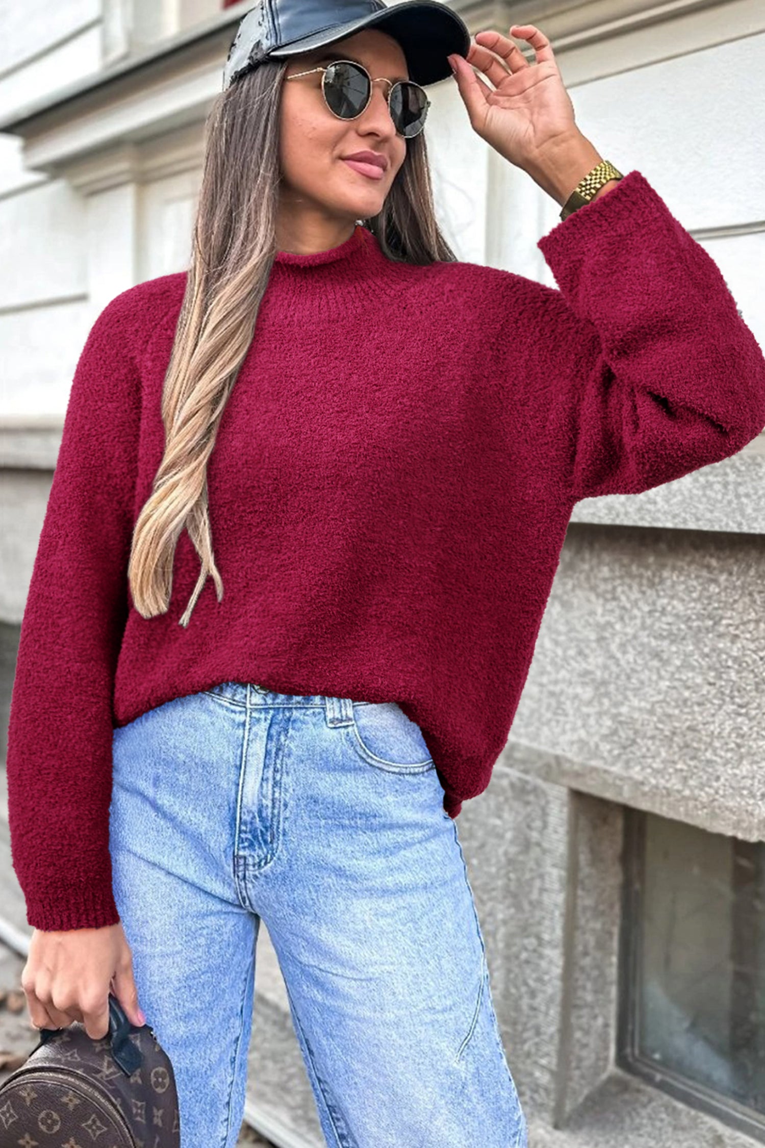 Burgundy Popcorn Mock Neck Solid Sweater-Sweaters & Cardigans/Sweaters-[Adult]-[Female]-2022 Online Blue Zone Planet