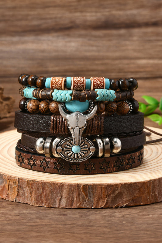 Chestnut 6 Piece Western Bull Skull Turquoise Beading Bracelet-Accessories/Jewelry-[Adult]-[Female]-Chestnut-ONE SIZE-2022 Online Blue Zone Planet