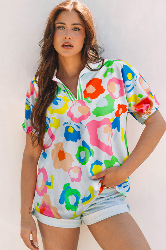 Green Chic Leopard Print Striped Detail Split Neck Blouse-Tops/Blouses & Shirts-[Adult]-[Female]-Green-S-2022 Online Blue Zone Planet
