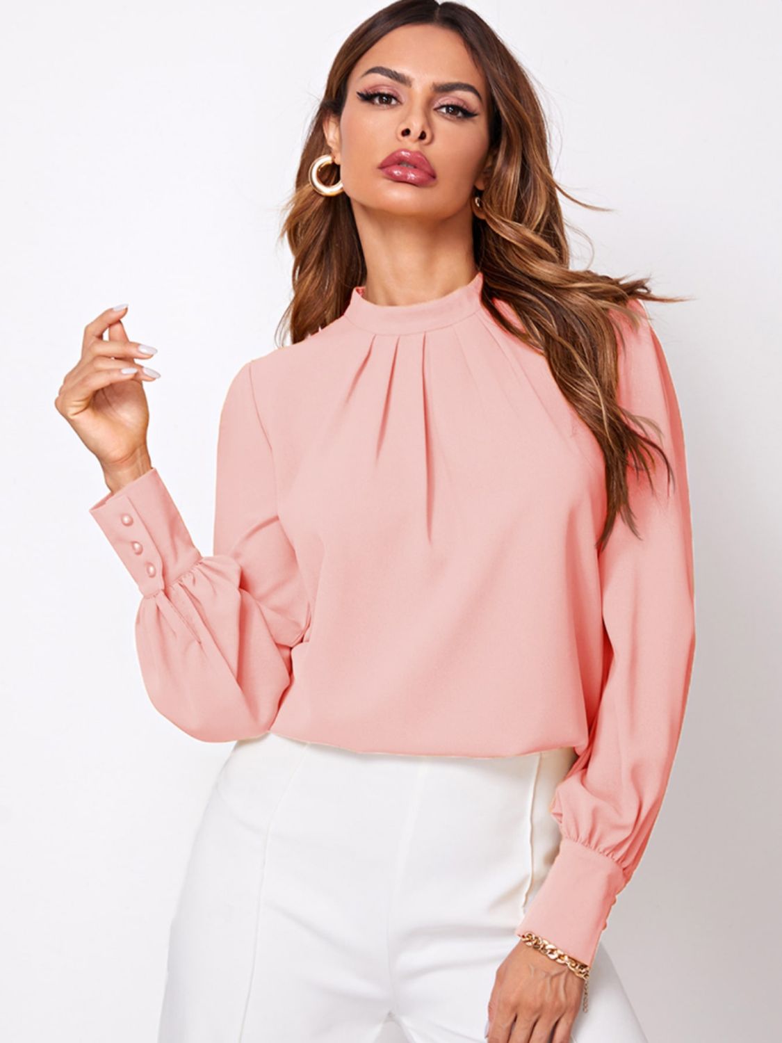 Blue Zone Planet | Ruched Mock Neck Long Sleeve Blouse-TOPS / DRESSES-[Adult]-[Female]-Blush Pink-XS-2022 Online Blue Zone Planet