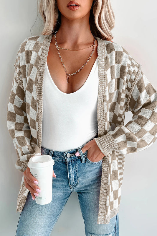 Brown Checkered Open Front Drop Shoulder Cardigan-Sweaters & Cardigans/Cardigans-[Adult]-[Female]-Brown-S-2022 Online Blue Zone Planet