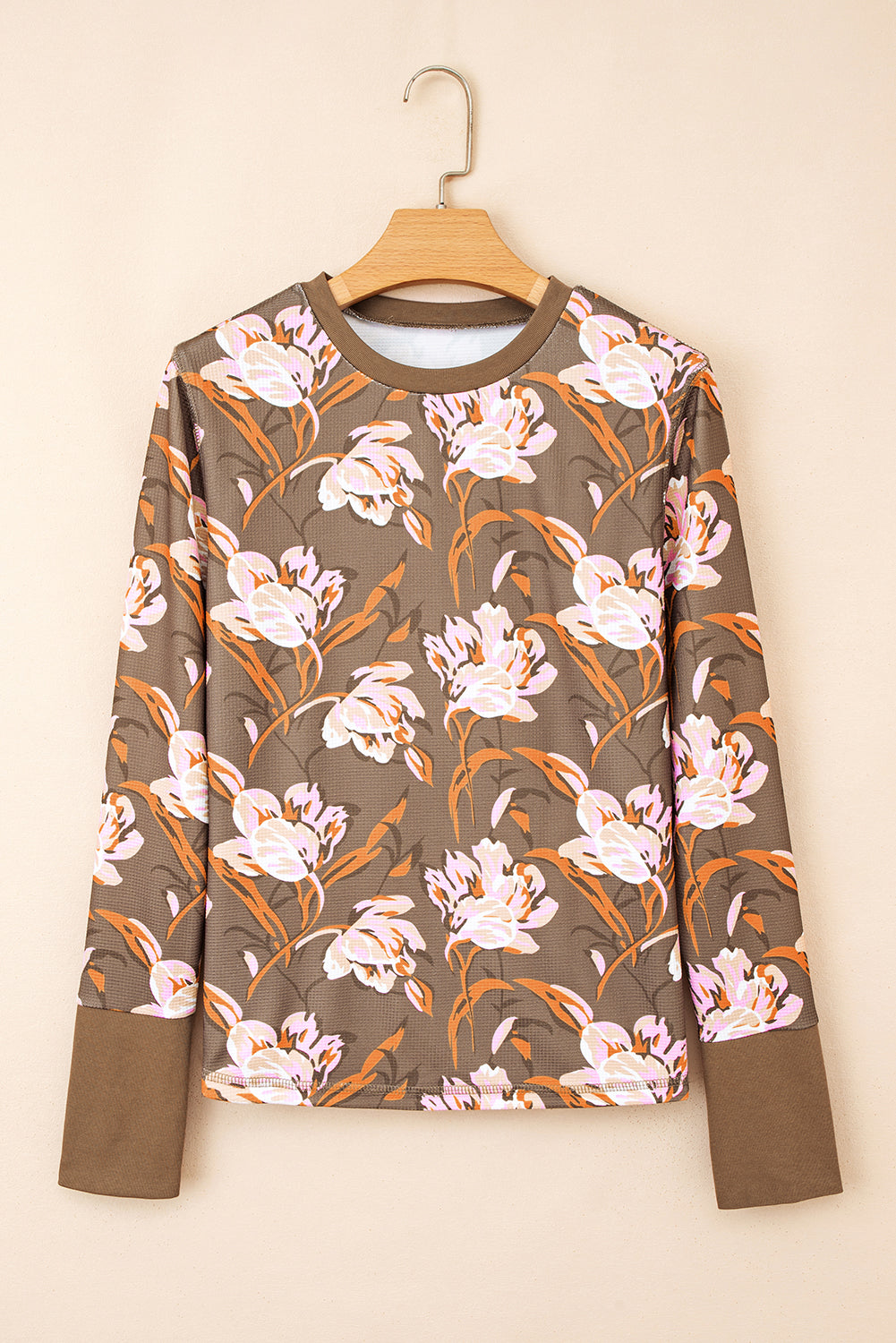 Brown Floral Print Waffle Textured Long Sleeve Top-Tops/Long Sleeve Tops-[Adult]-[Female]-2022 Online Blue Zone Planet