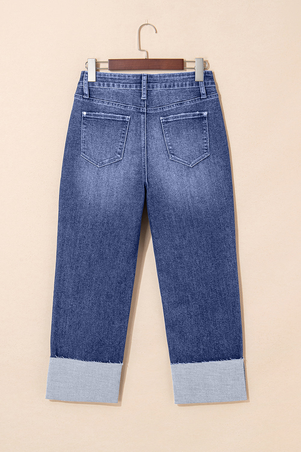 Real Teal Folded Cuffs Distressed Straight High Waist Jeans-Bottoms/Jeans-[Adult]-[Female]-2022 Online Blue Zone Planet