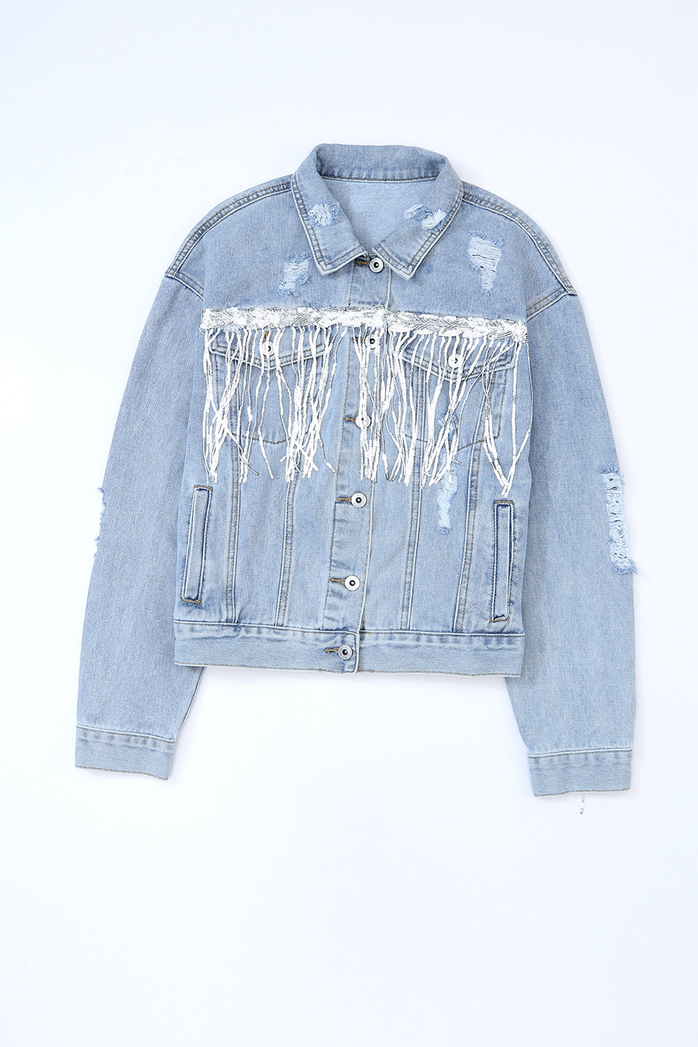 Sequin Fringe Trim Distressed Button Up Denim Jacket-TOPS / DRESSES-[Adult]-[Female]-2022 Online Blue Zone Planet