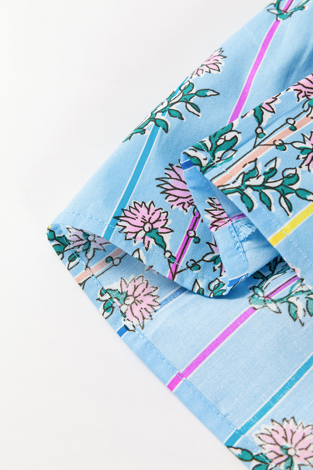 Blue Zone Planet | Sky Blue Floral Striped Print Tie Shirred Splie Neck Blouse-Tops/Blouses & Shirts-[Adult]-[Female]-2022 Online Blue Zone Planet